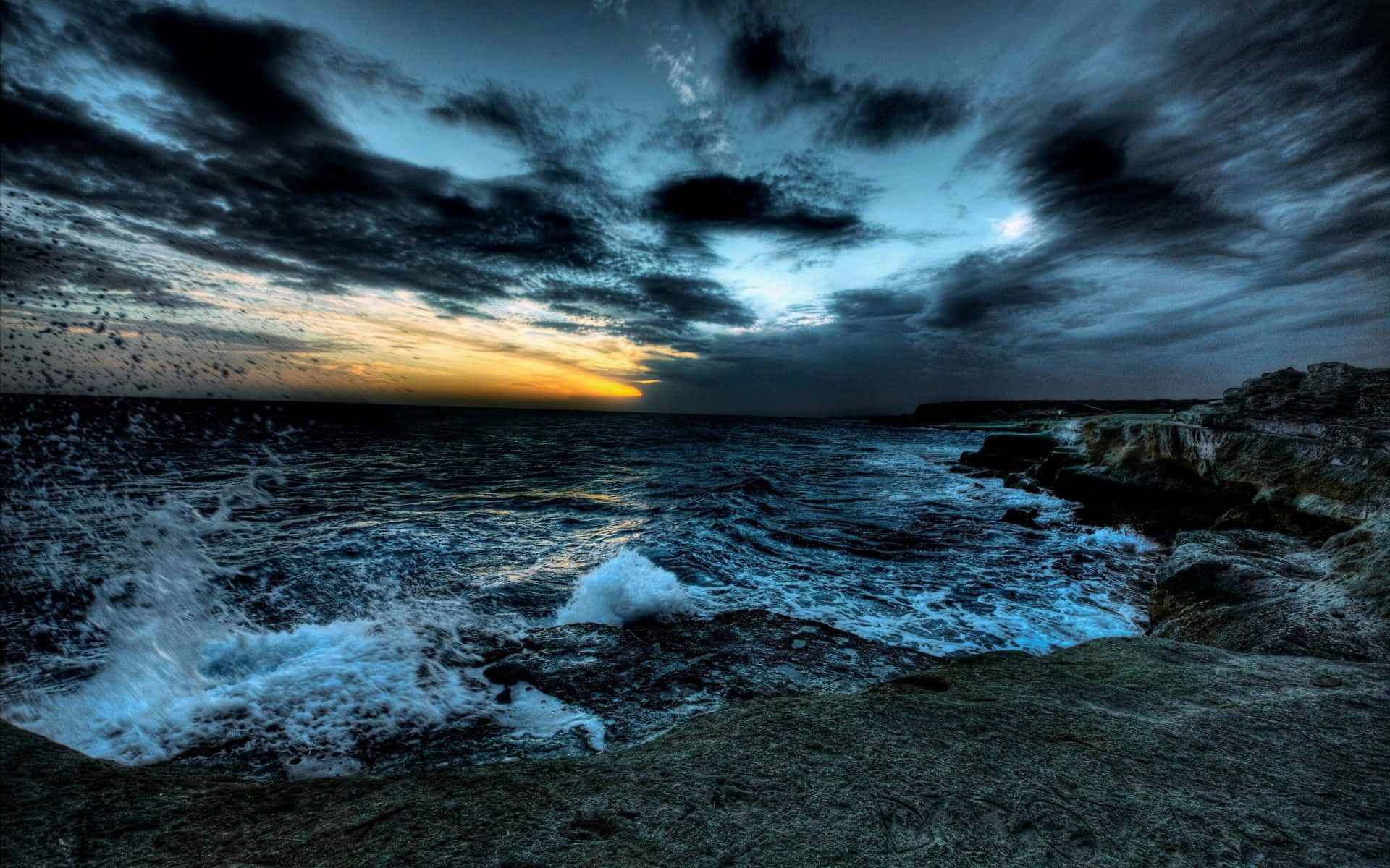 Ocean Storm, twilight sky, orange, Full HD Desktop Wallpaper
