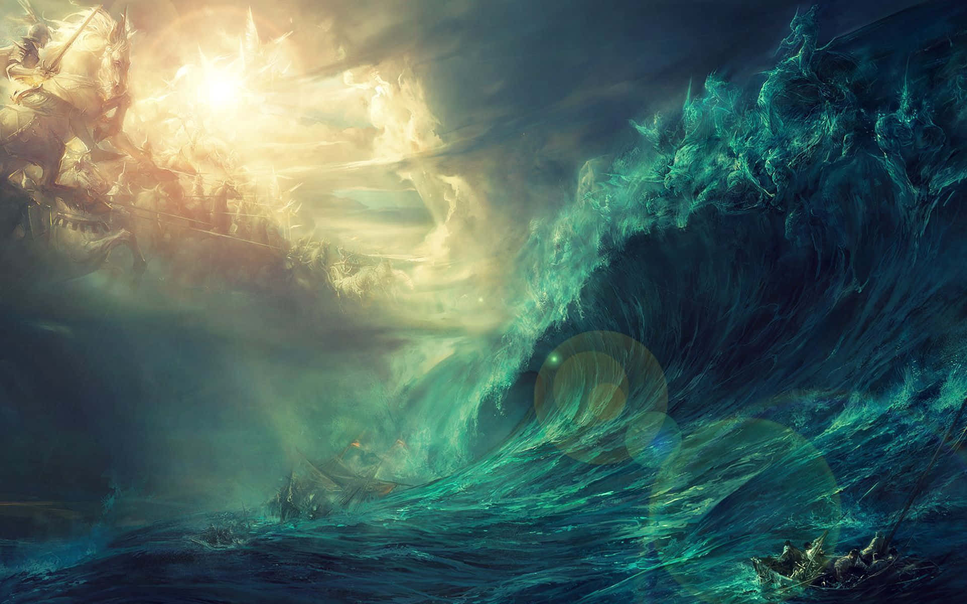 Ocean Storm, turquoise wave, golden sun, Full HD Desktop Wallpaper