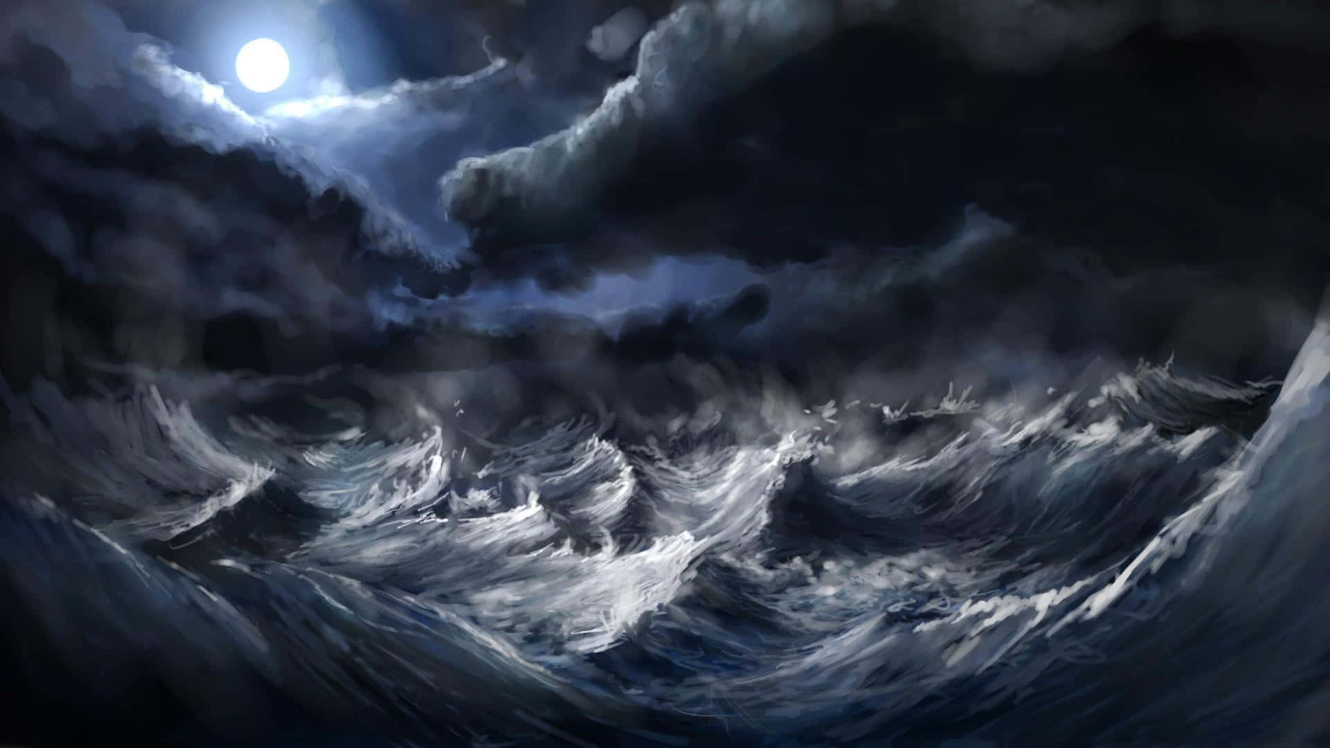 Ocean Storm, moonlit storm, churning dark blue waves, Full HD Desktop Wallpaper