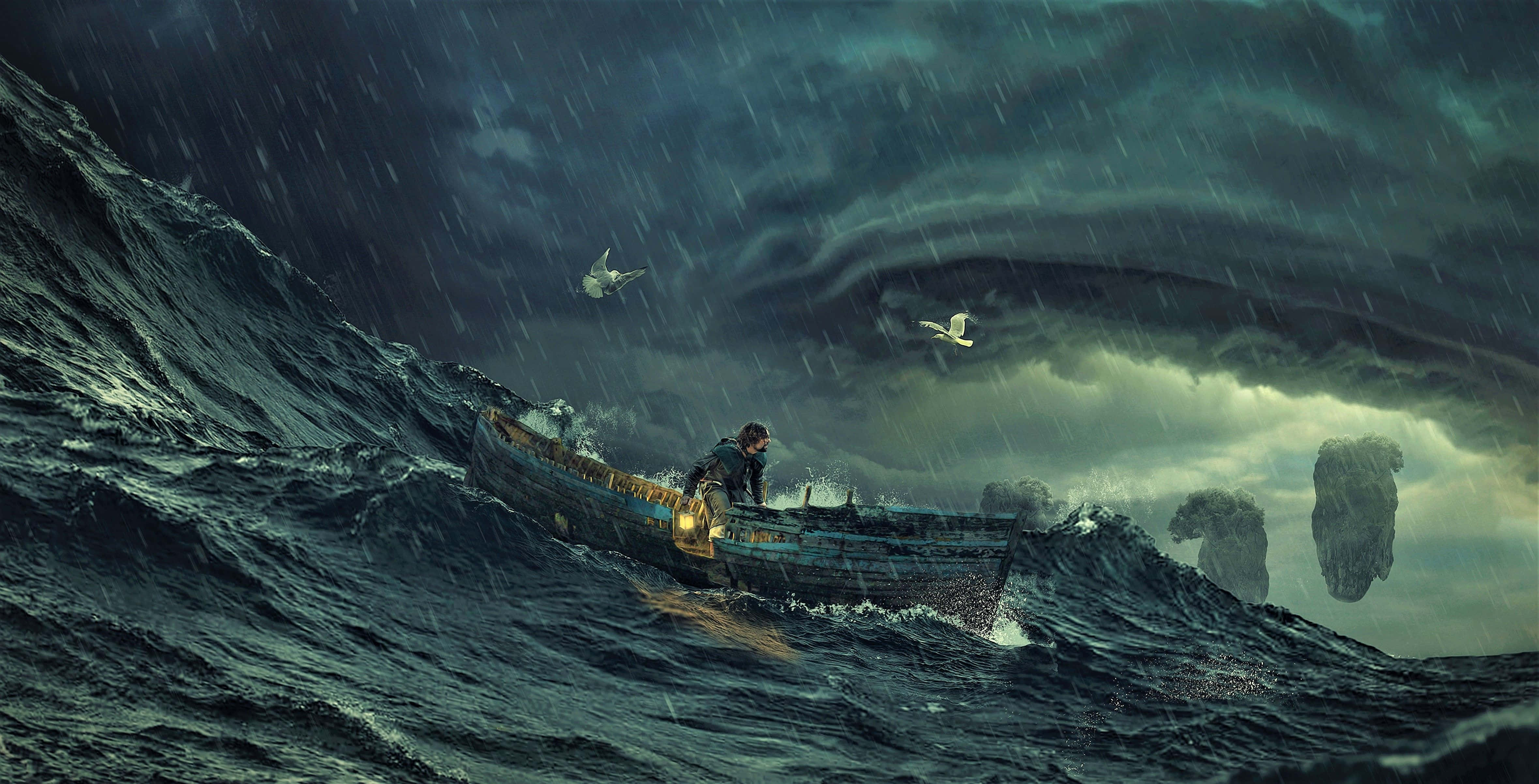 Ocean Storm, lone sailor, small boat, 4K Desktop Wallpaper