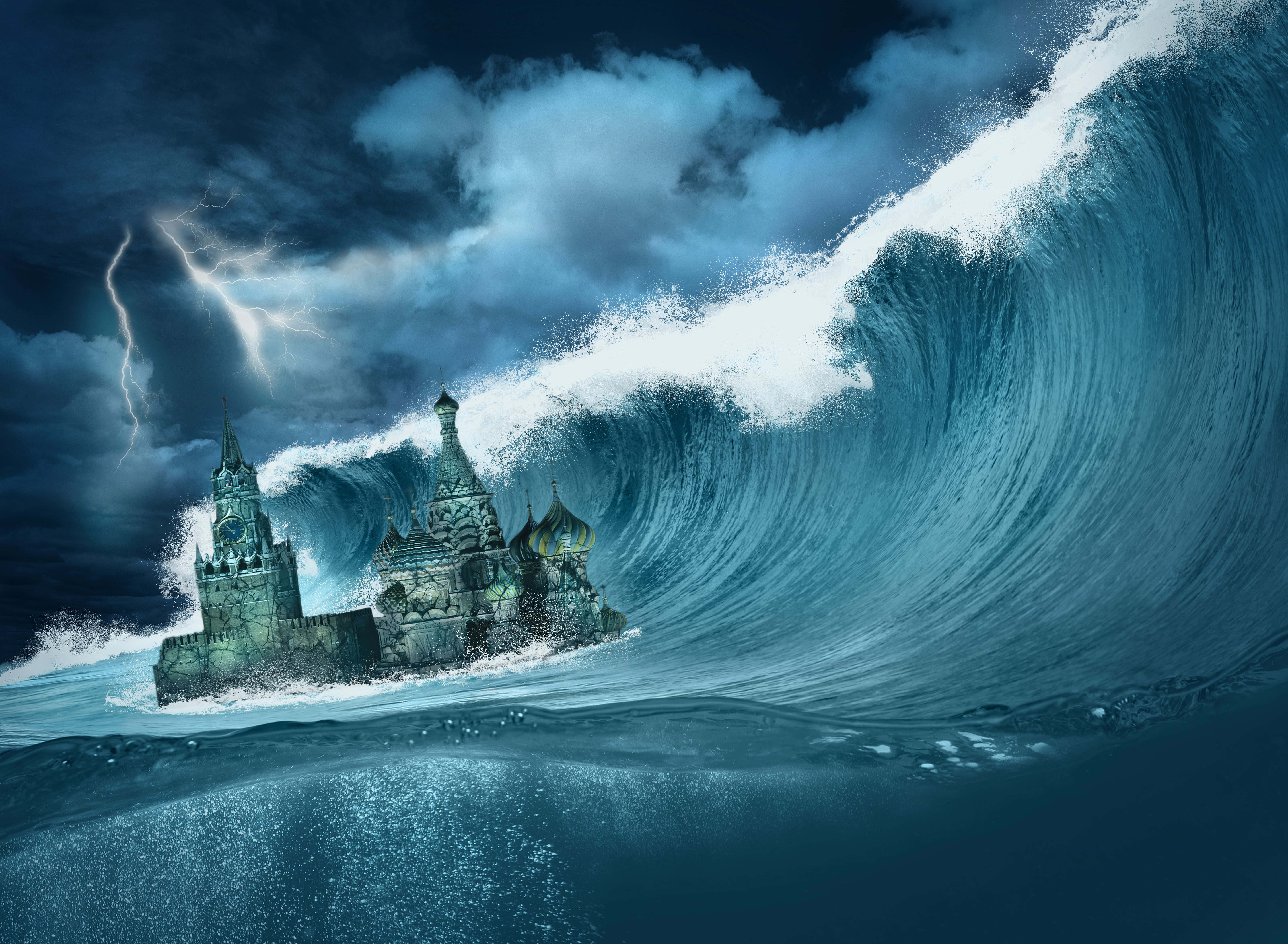Ocean Storm, stormy sea, crumbling castle, 5K Desktop Wallpaper