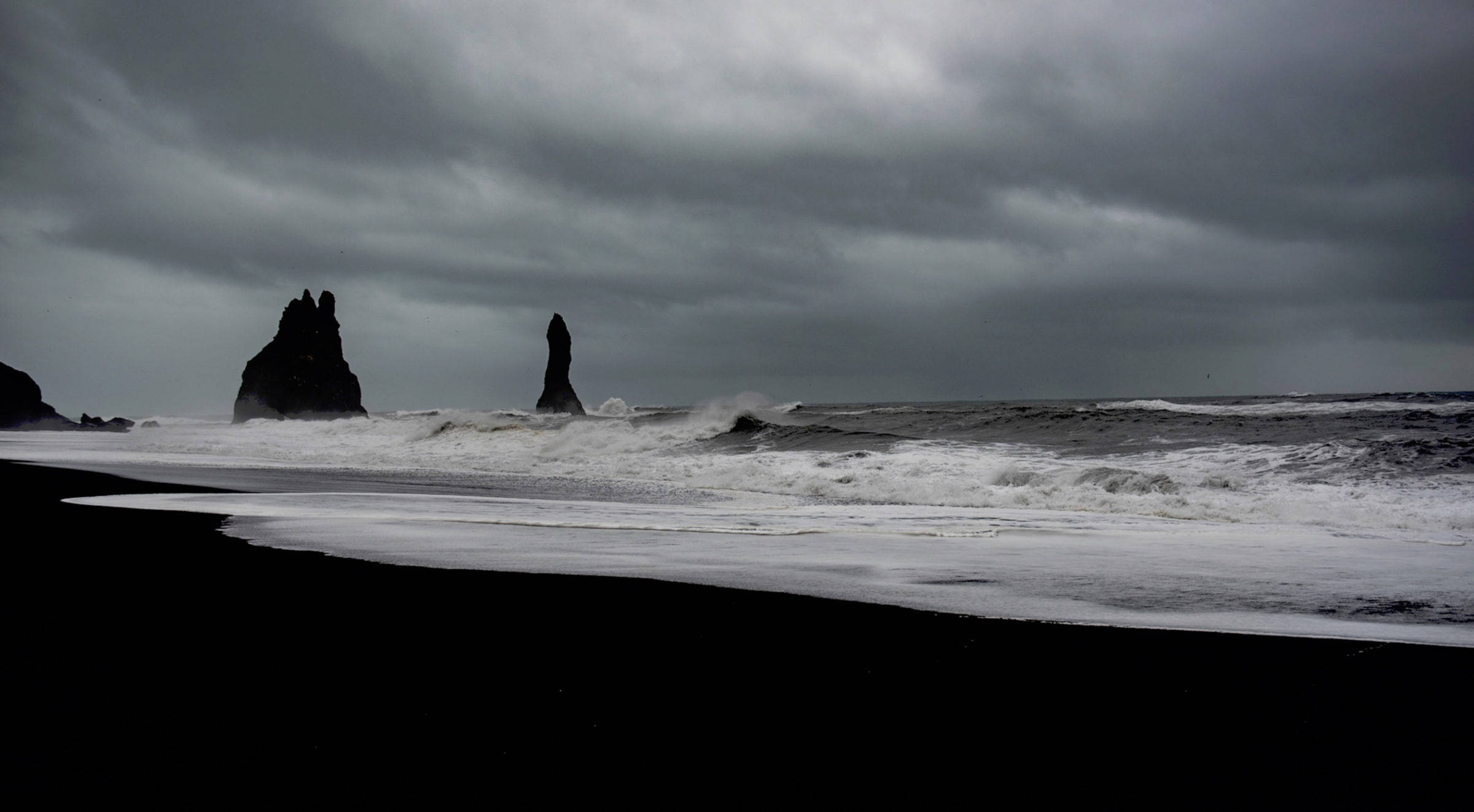 Stormy Sea Dark Theme, volcanic sand, sea stacks, Full HD Desktop Wallpaper