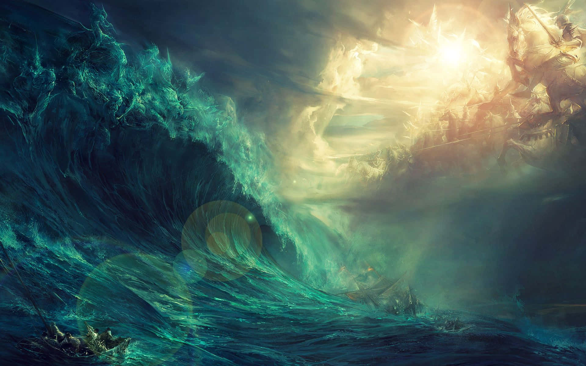 teal wave, golden sun, knight on horseback, Full HD Desktop Wallpaper