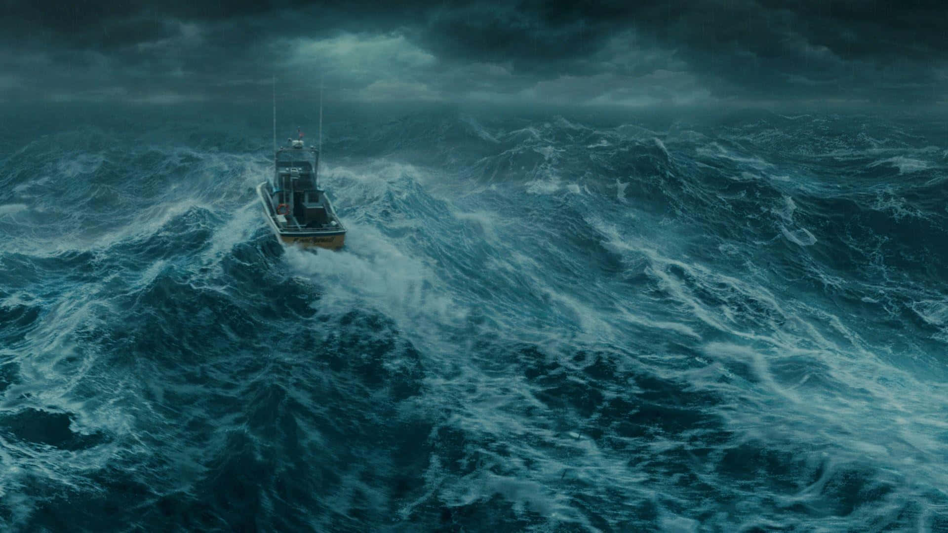 Ocean Storm, fishing boat, towering churning waves, Full HD Desktop Wallpaper