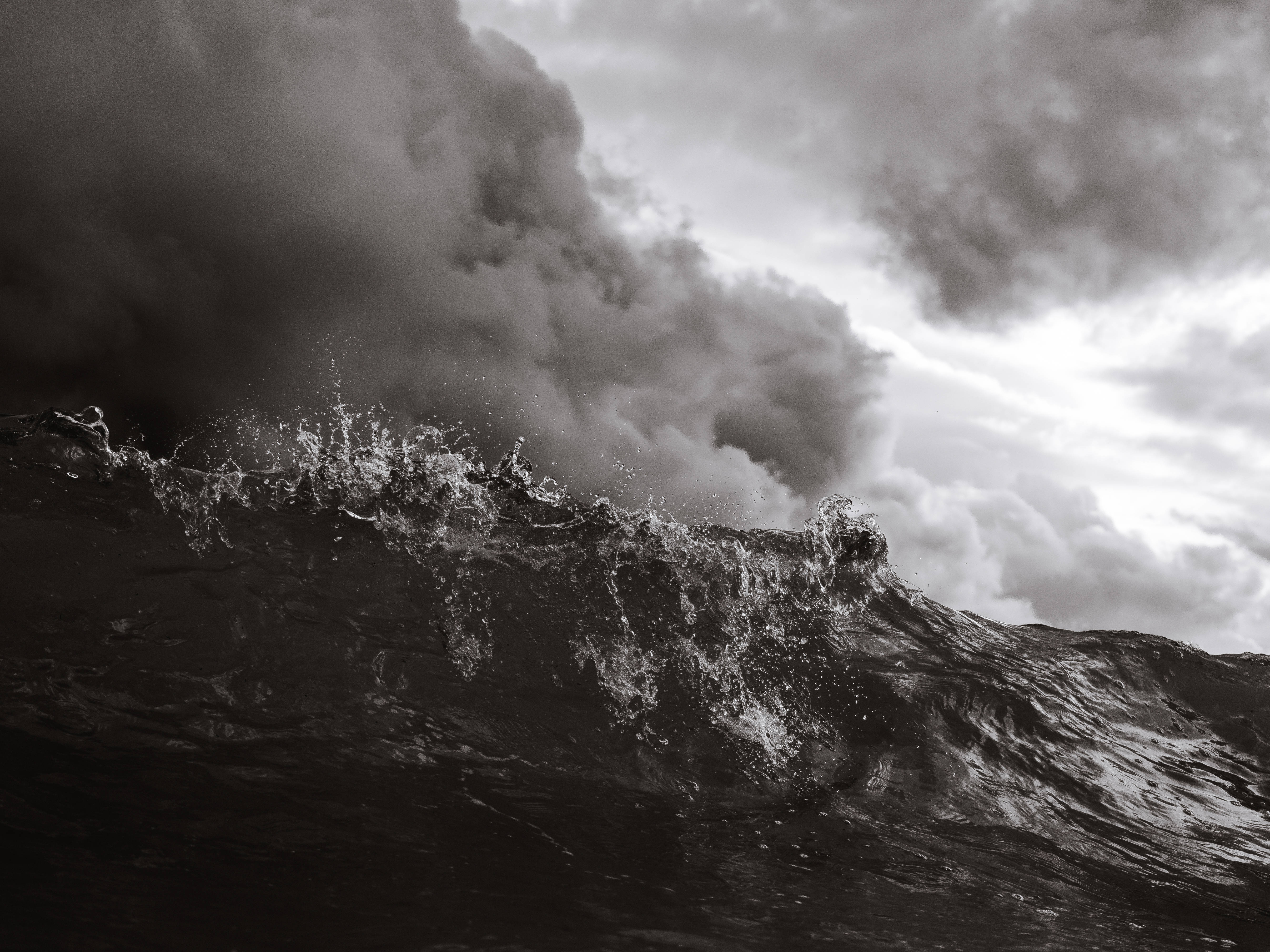 monochrome, raging ocean storm, black and white wave, 5K Desktop Wallpaper