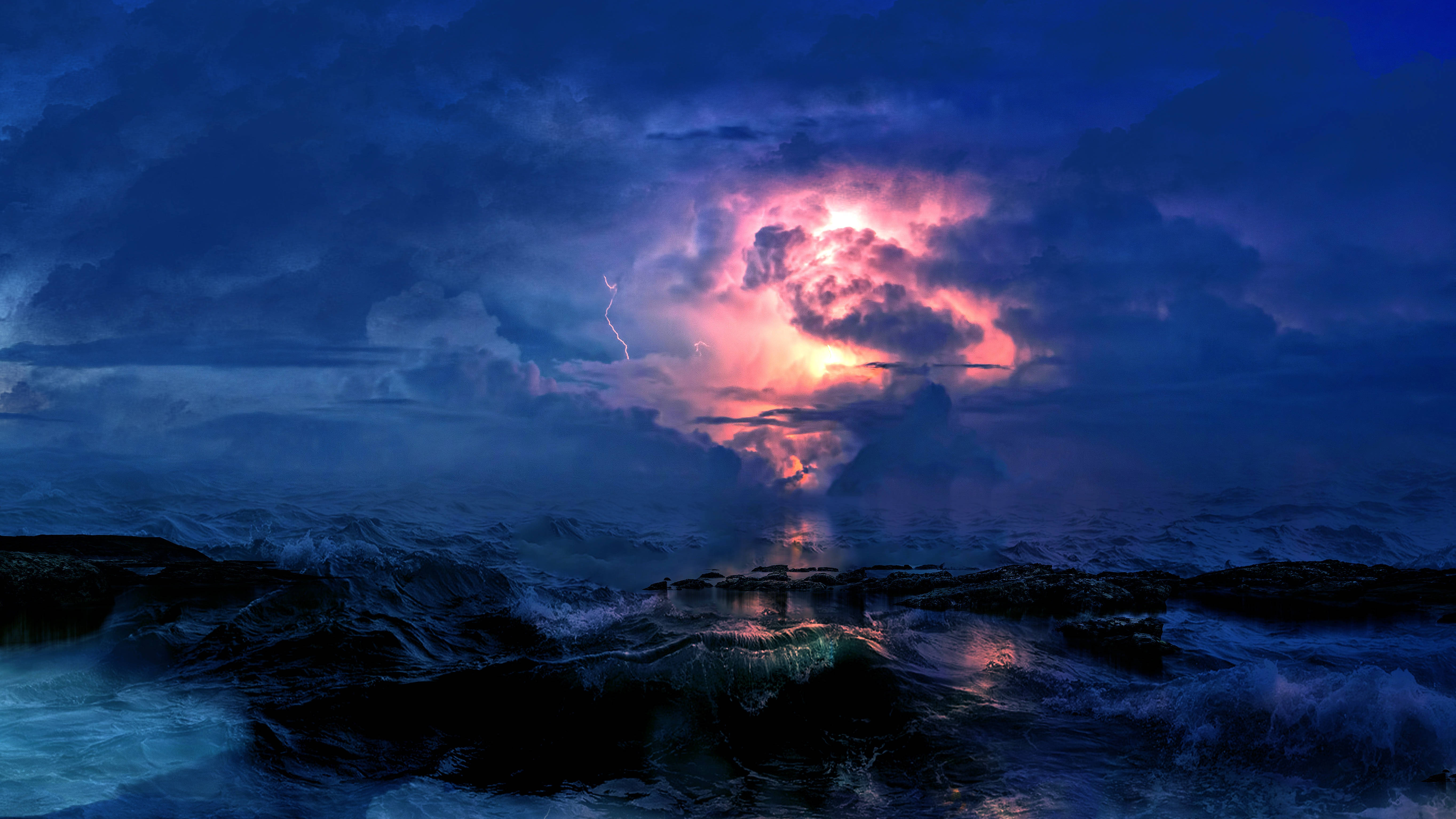 Sea Storm Lightning, pink and orange clouds, dark ocean, 5K Desktop Wallpaper