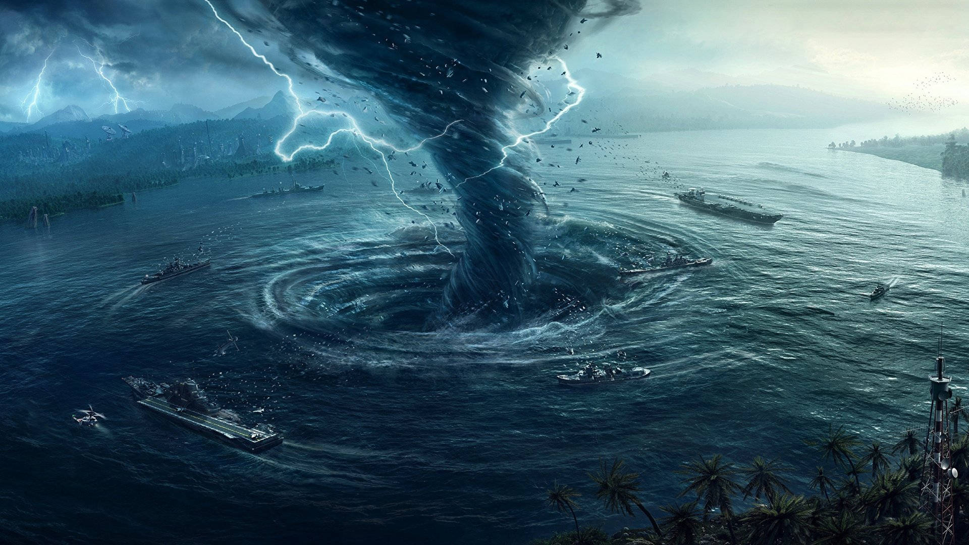 strong waterspout tornado, coastal bay, lightning, Full HD Desktop Wallpaper