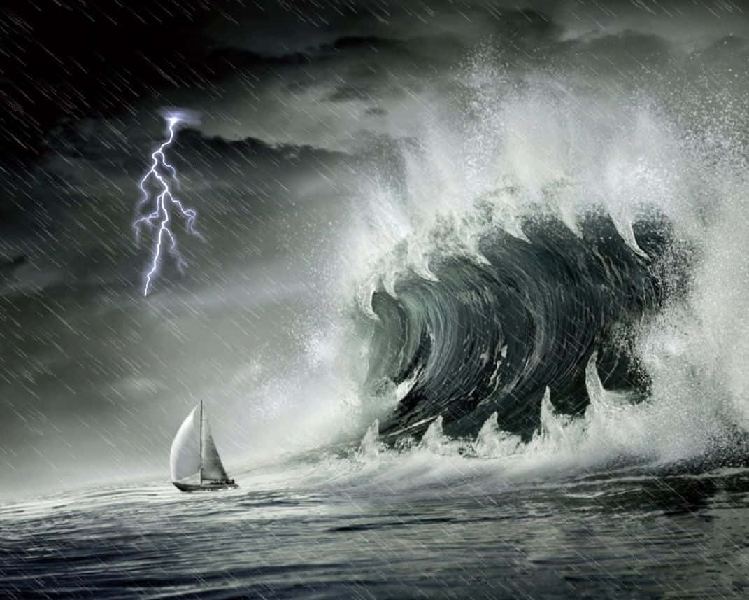 Ocean Storm, sailboat, monstrous storm wave, SD Desktop Wallpaper