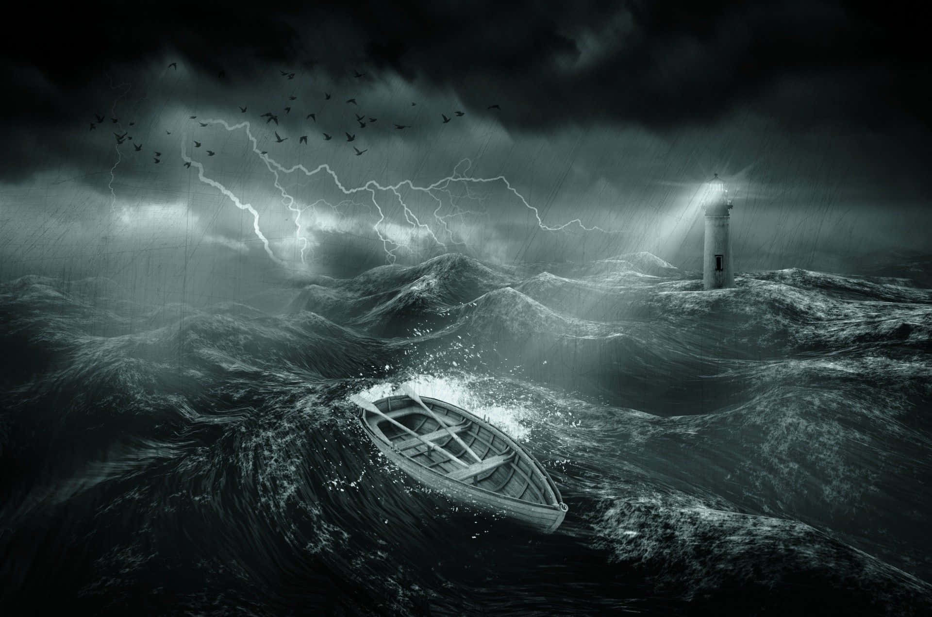 Ocean Storm, rowboat, storm, Full HD Desktop Wallpaper