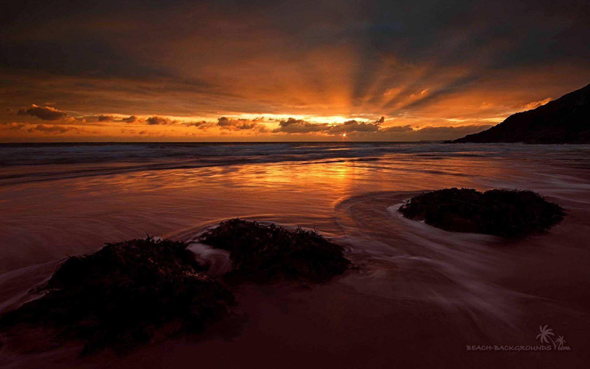 Golden Ocean Sunset Beach, sunset rays, dark clouds, Full HD Desktop Wallpaper