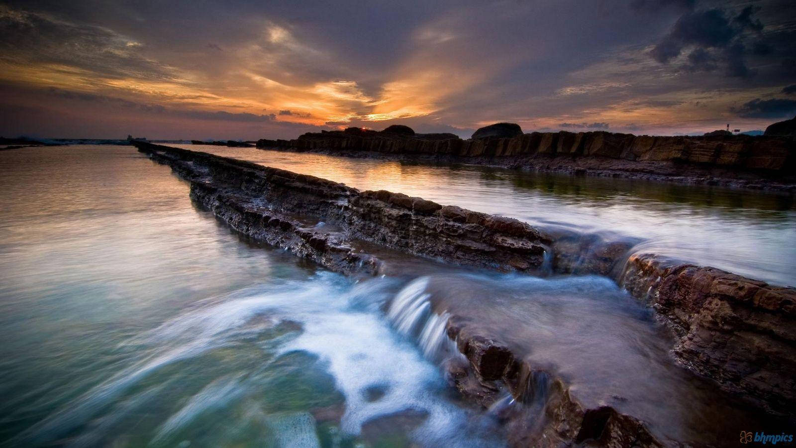Ocean Sunset, fiery orange, purple, HD Desktop Wallpaper