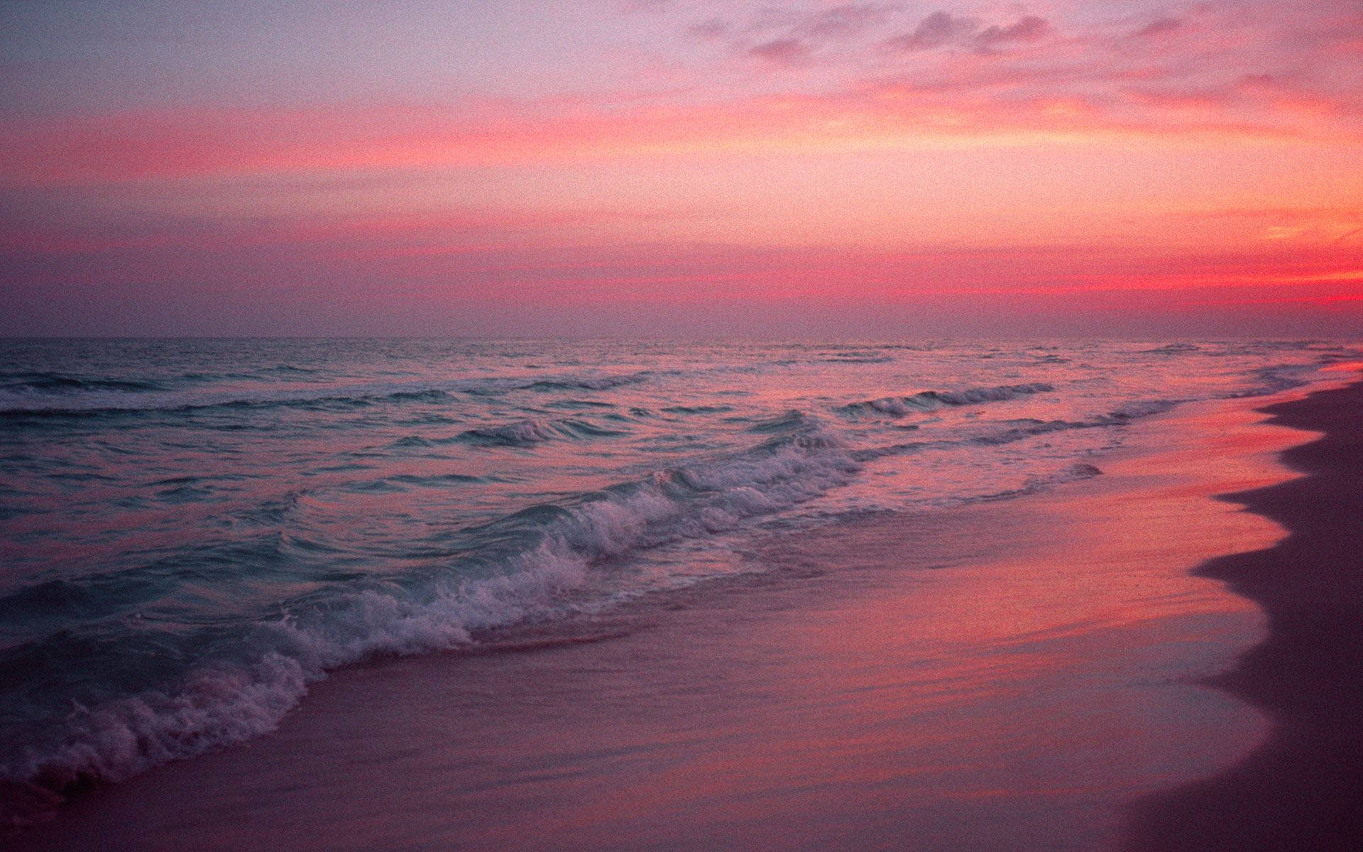pink sky, orange sunset, ocean waves, Full HD Desktop Wallpaper