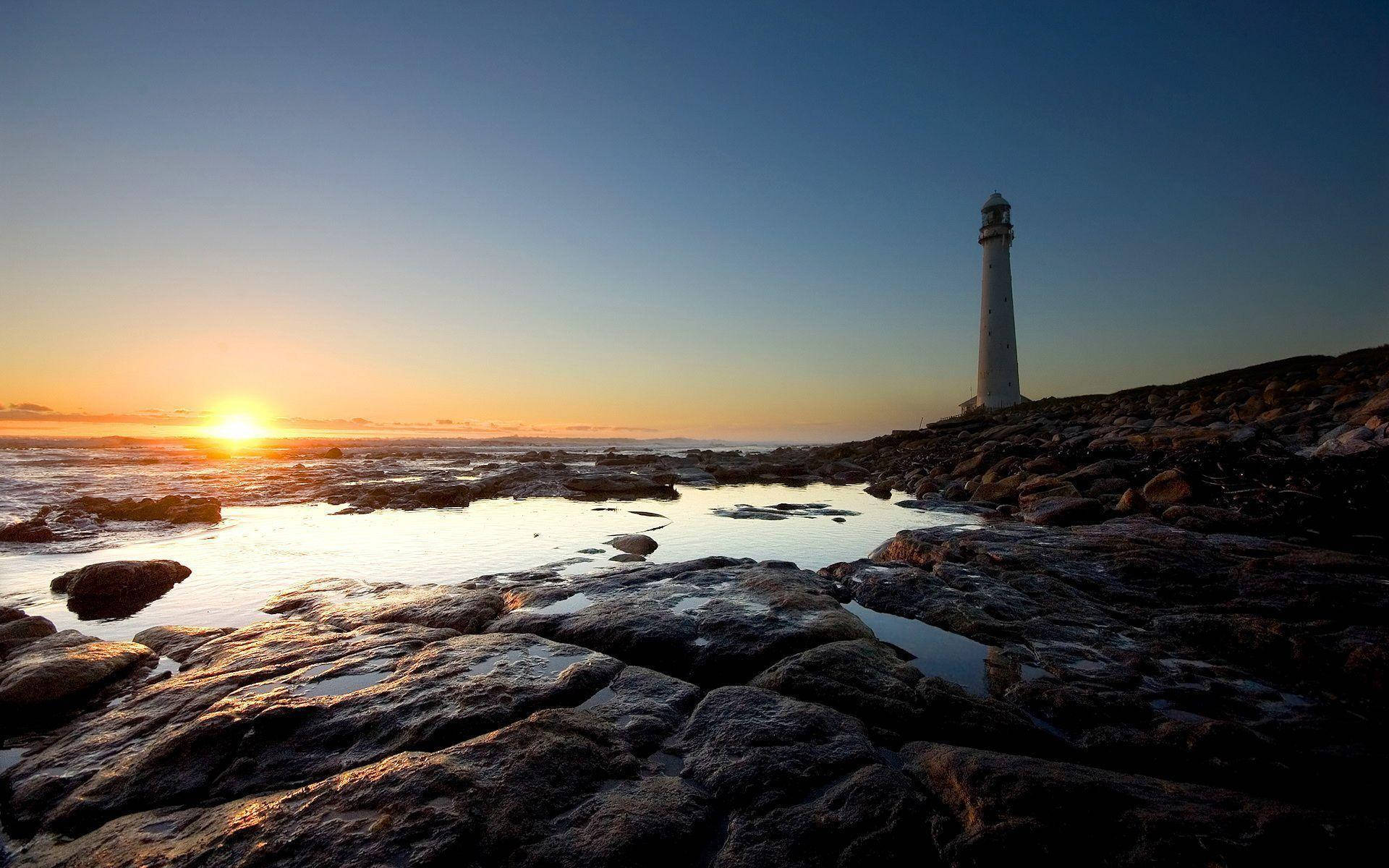 lighthouse, shores, sunset, Full HD Desktop Wallpaper