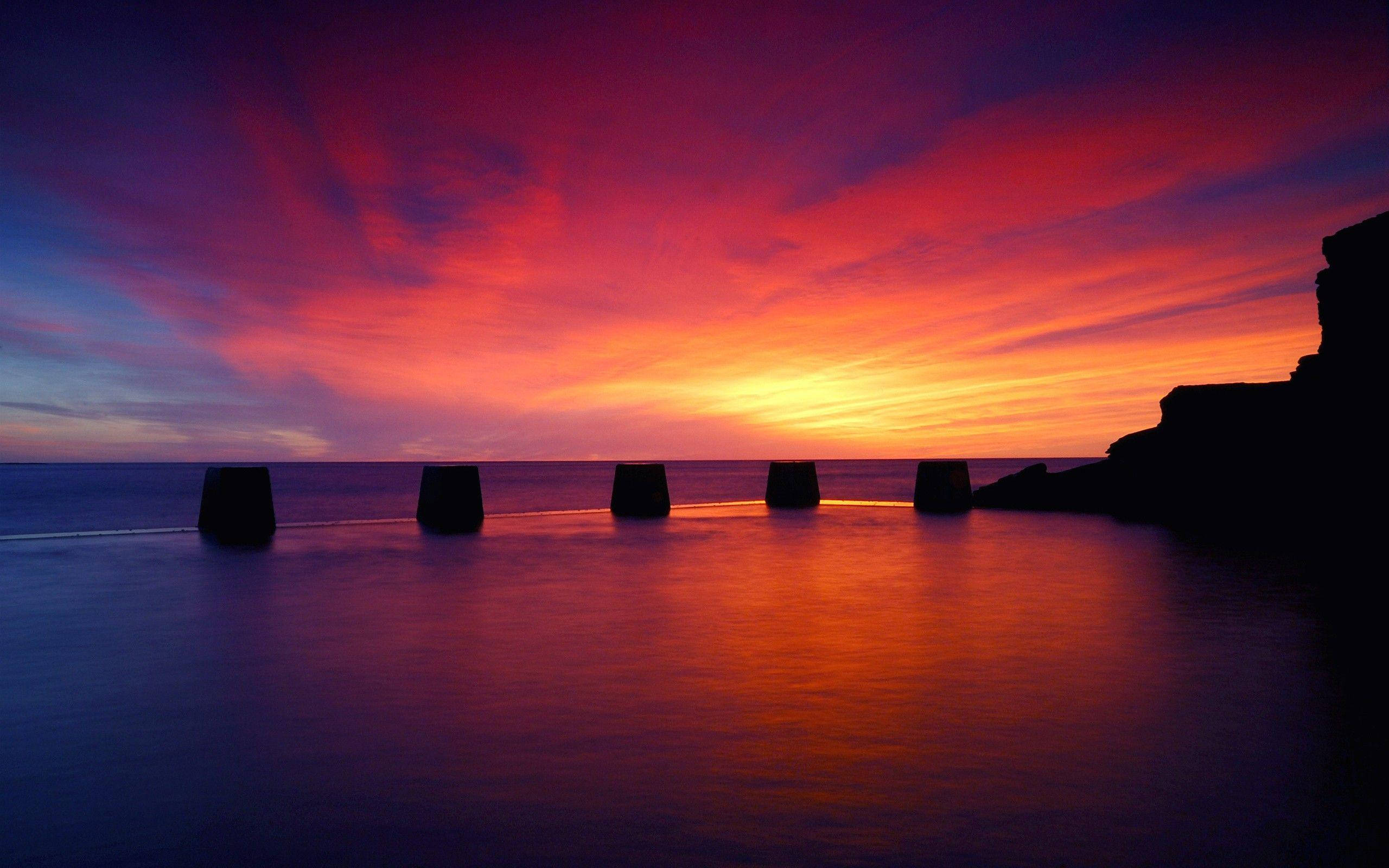 Ocean Sunset, dark red, fiery sunset, 2K Desktop Wallpaper