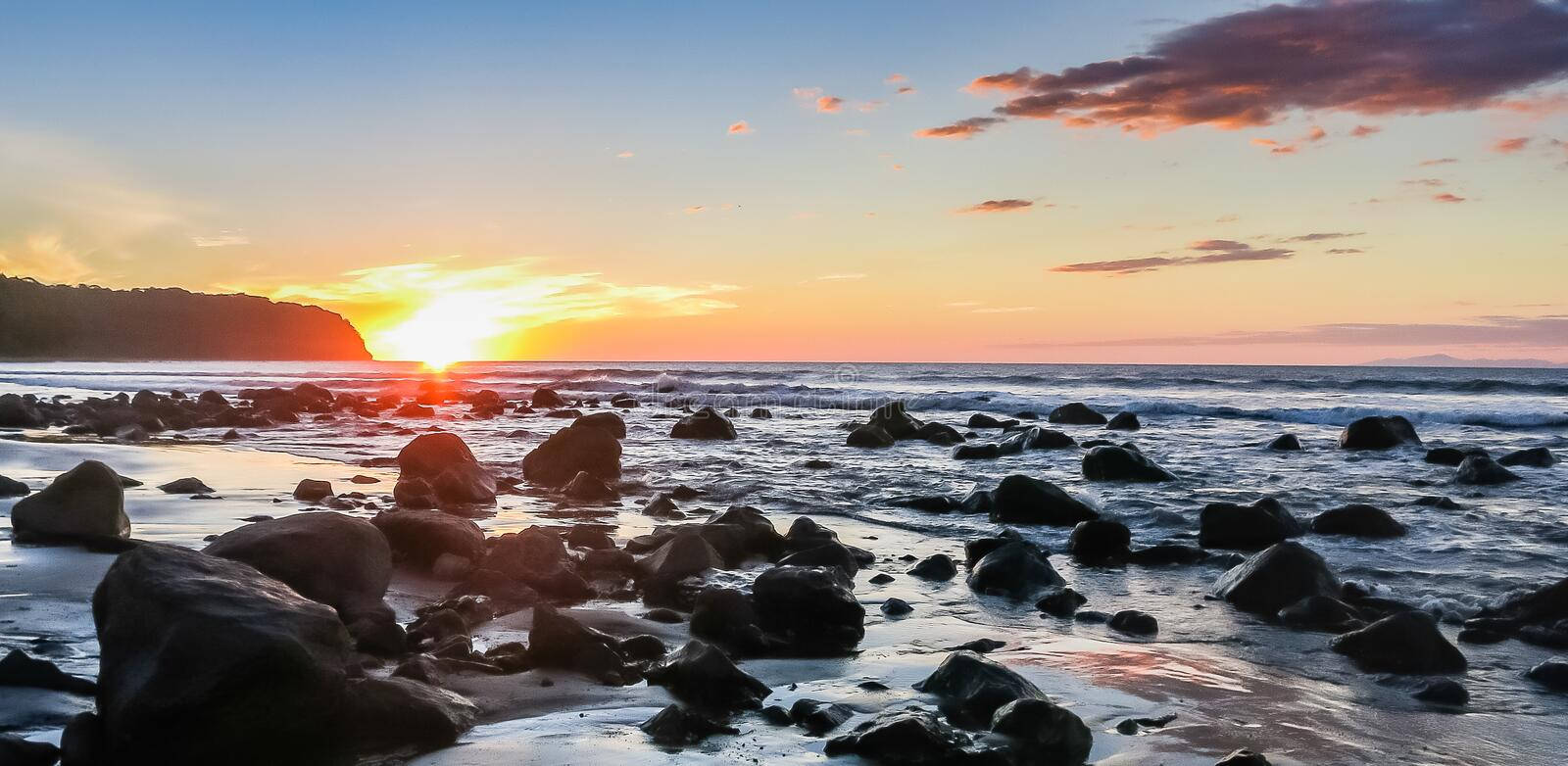 Sunset, beach, rocks, HD Desktop Wallpaper