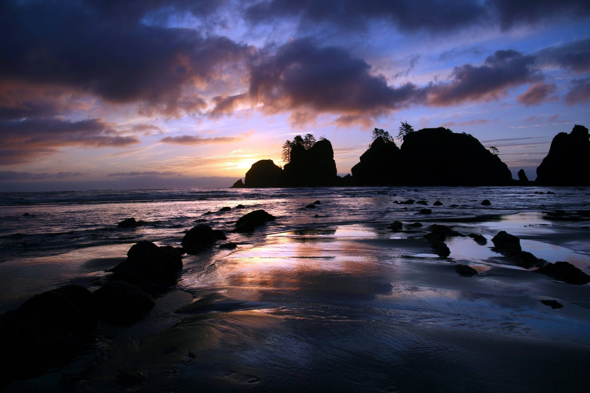 Sunset, purple and gold, rocky beach, Full HD Desktop Wallpaper