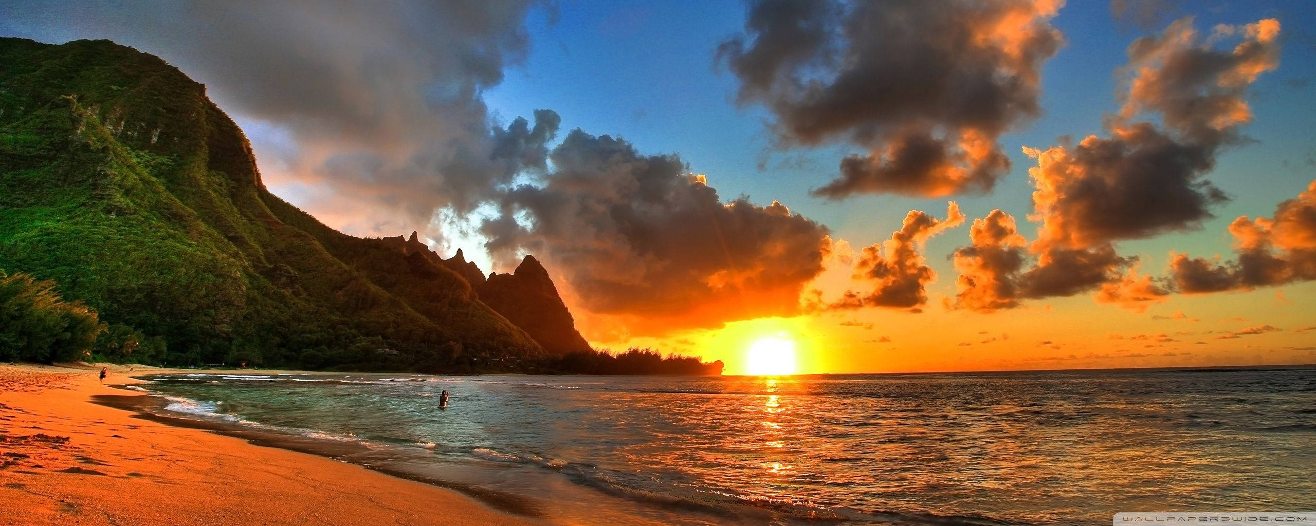 sunset, beach, mountains, 2K Desktop Wallpaper