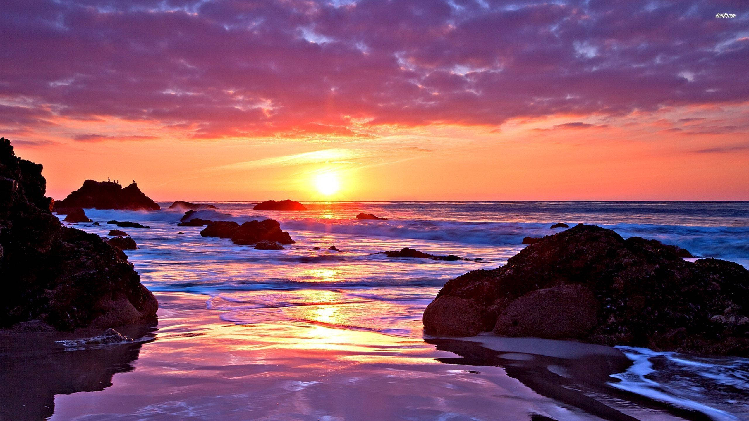 sunset, rocks, water, 2K Desktop Wallpaper