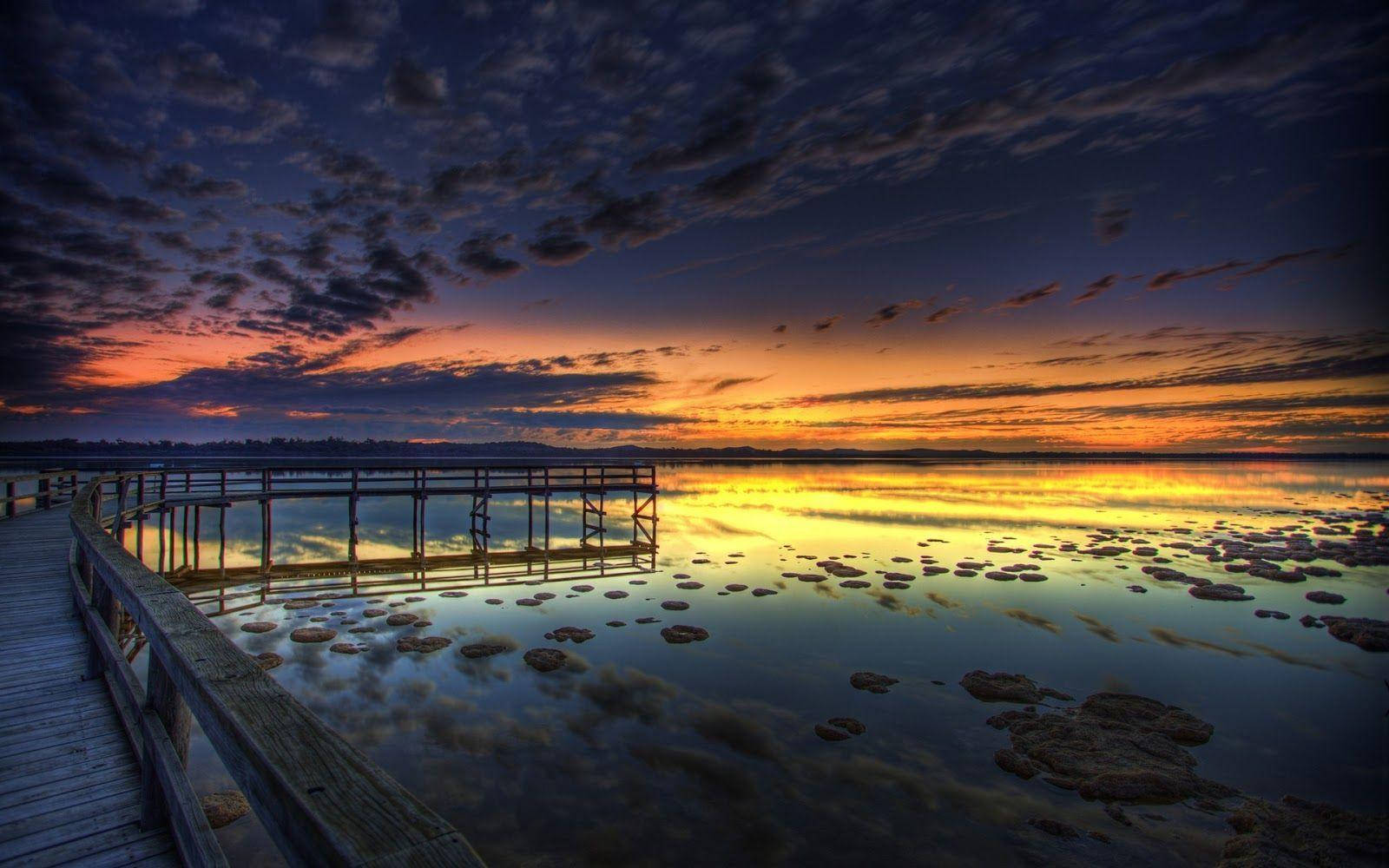 dark ocean sunset beach, wooden pier, calm lake, HD Desktop Wallpaper