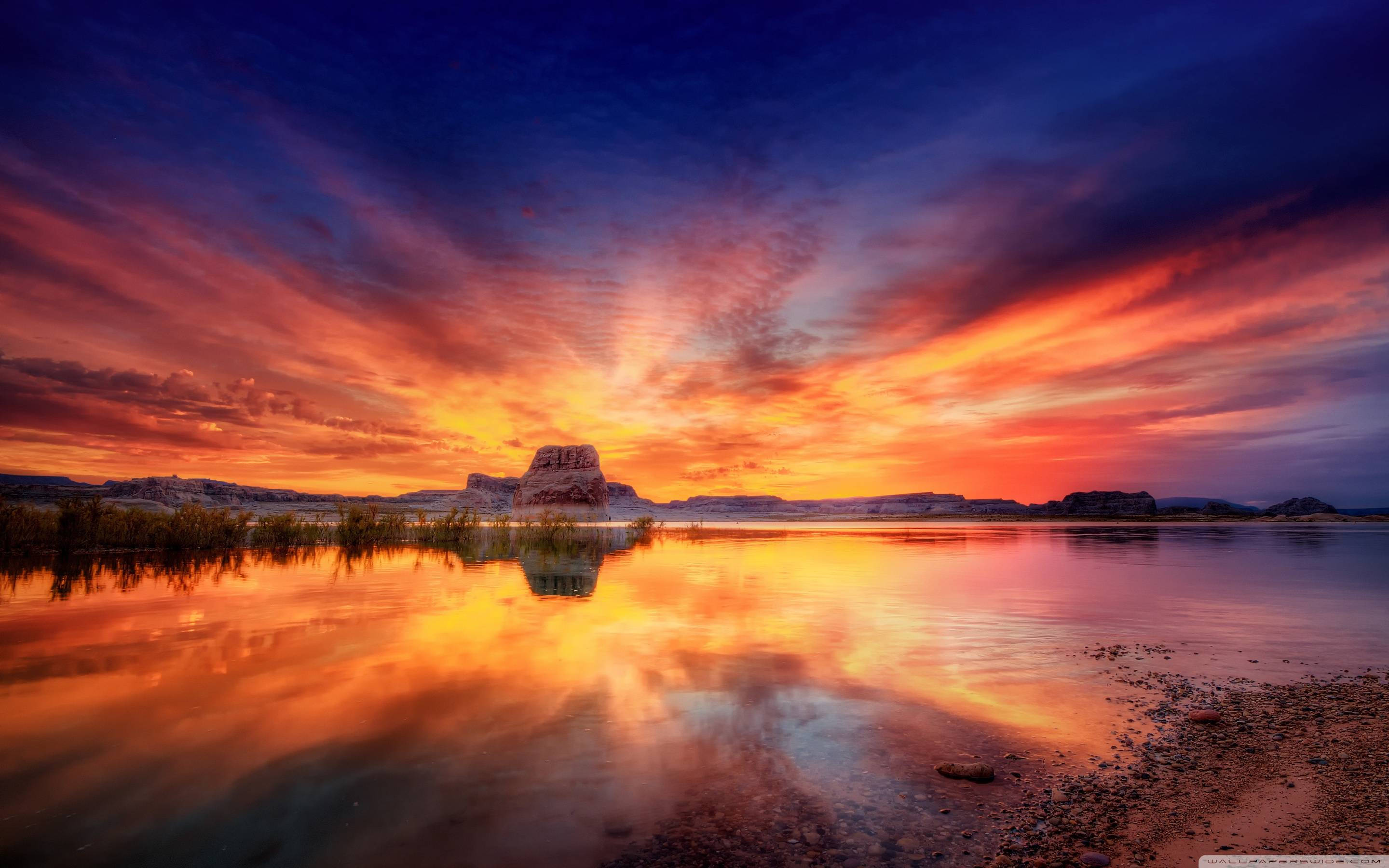 Ocean Sunset, blue landscape, fiery orange, 2K Desktop Wallpaper