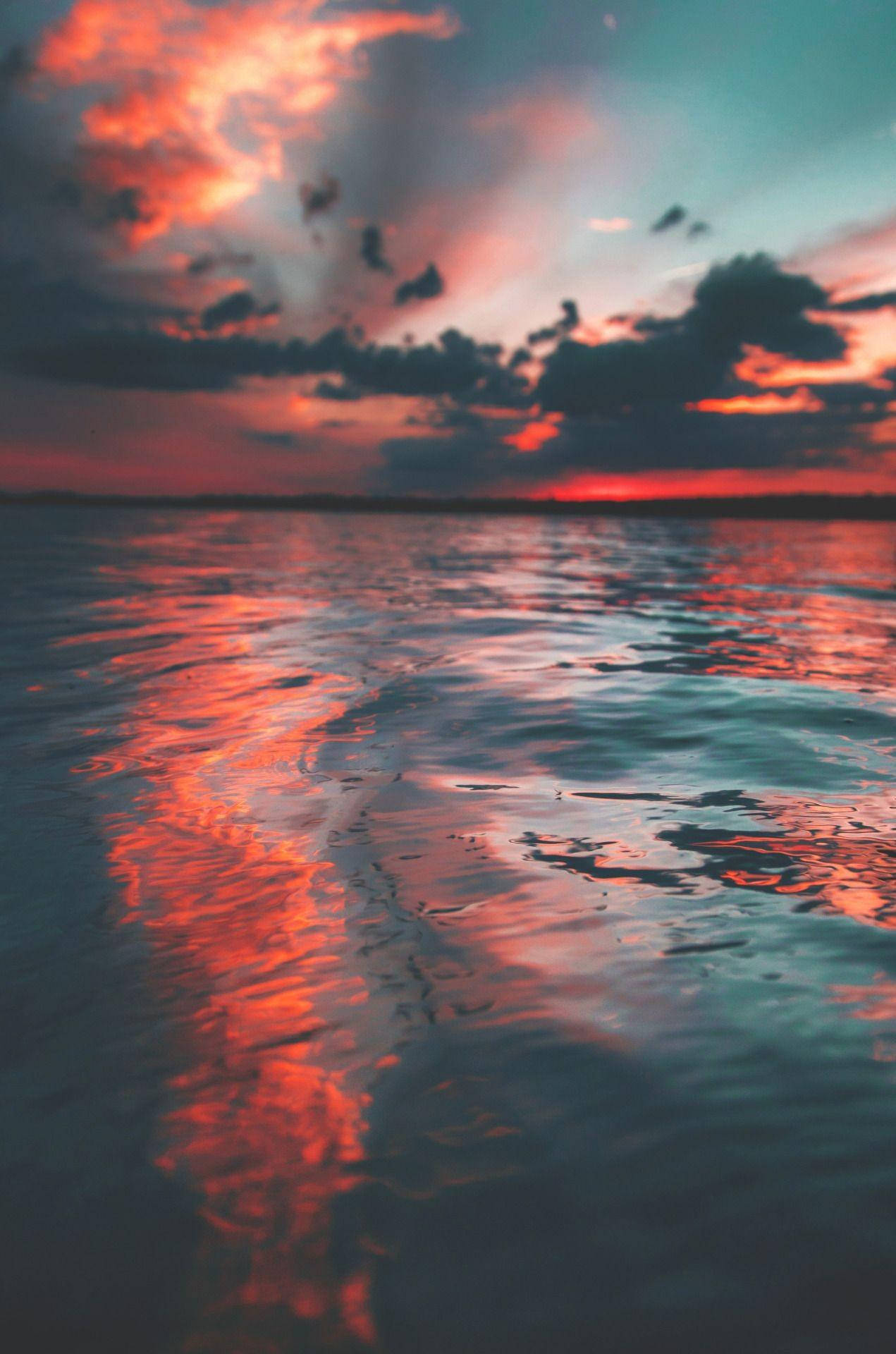 sunset, water, fiery orange clouds, Full HD Phone Wallpaper