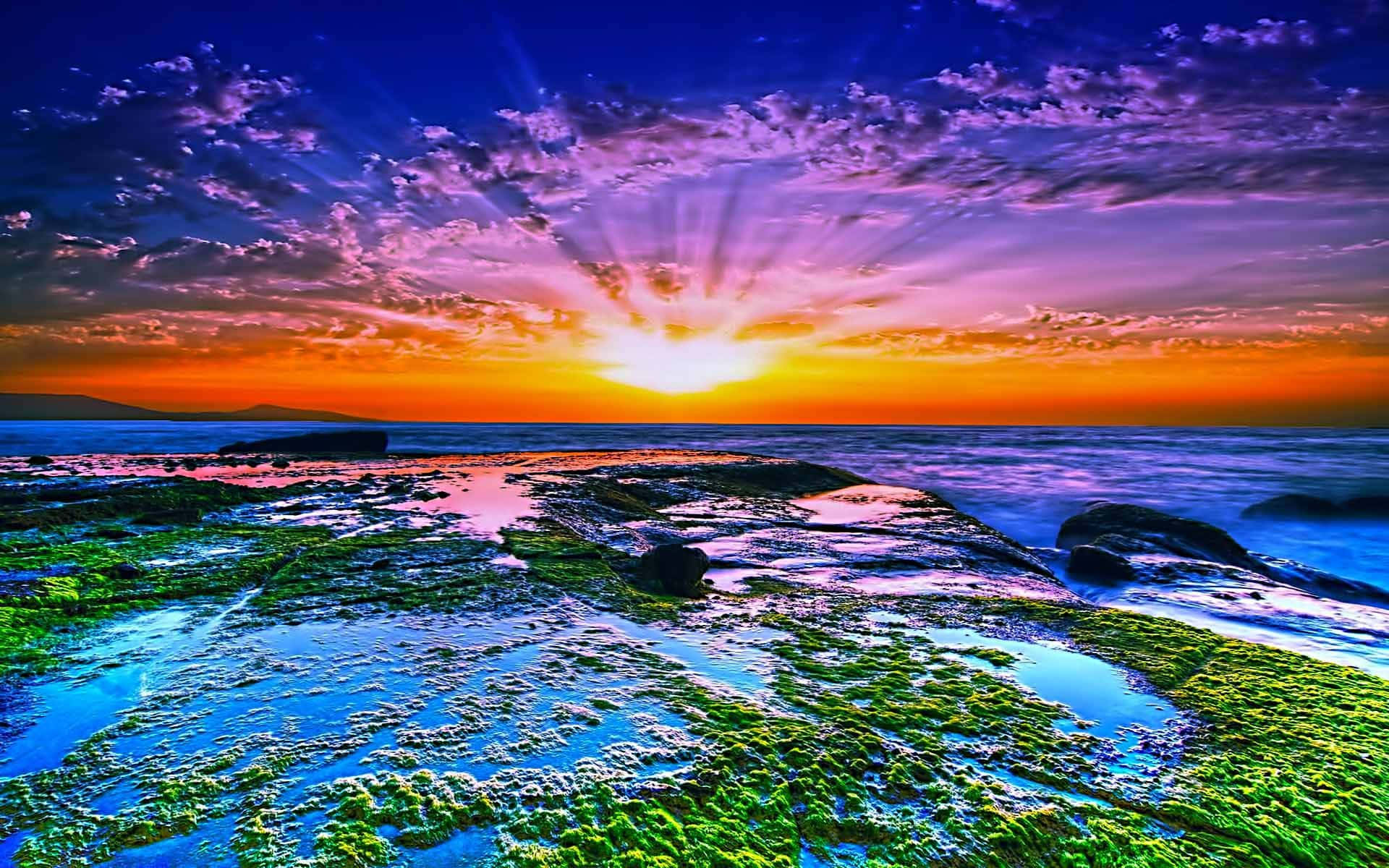Ocean Sunset, golden light, purple clouds, Full HD Desktop Wallpaper