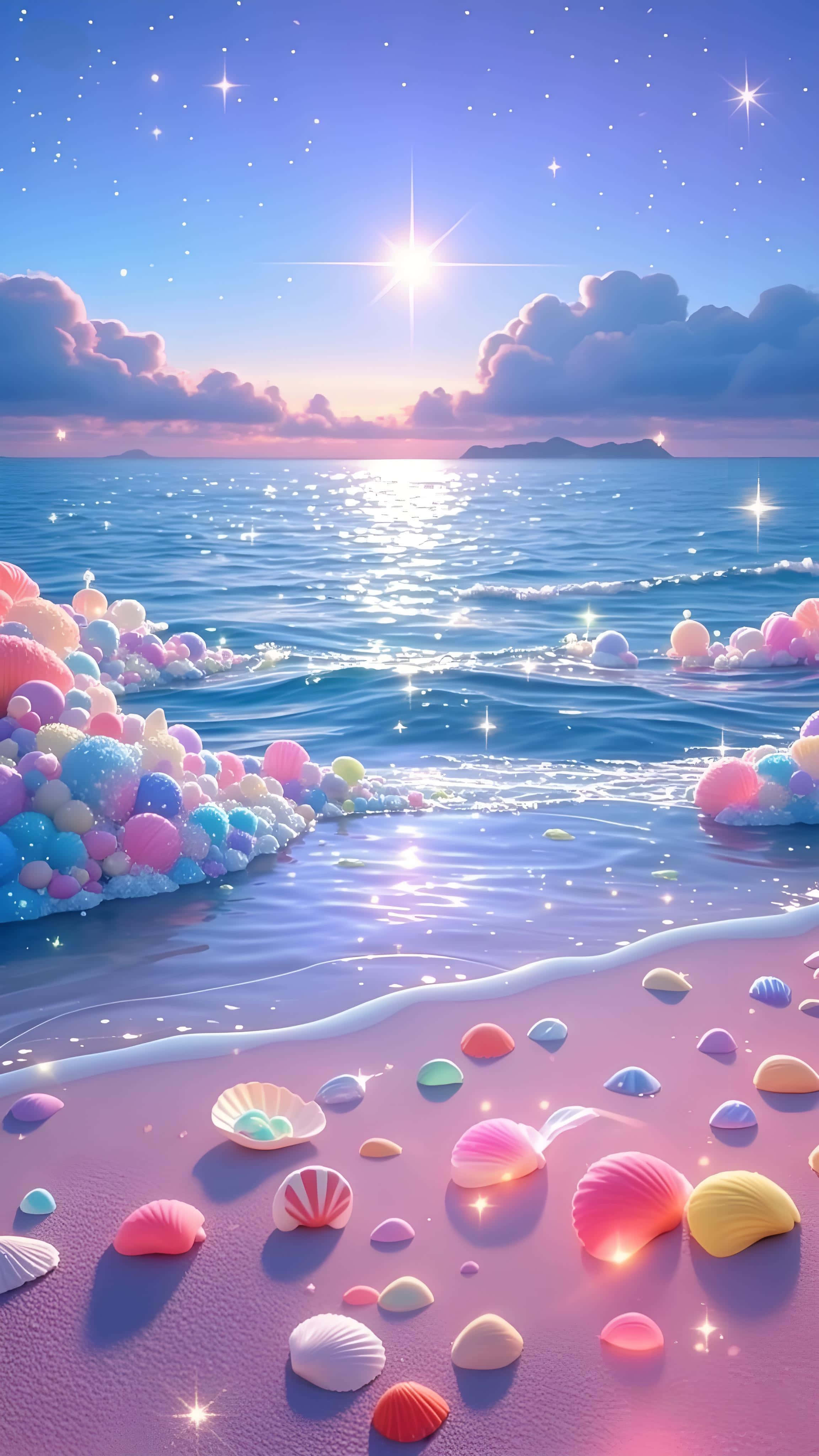 Starry Sunset, colorful shell coast, glowing pastel seashells, 4K Phone Wallpaper