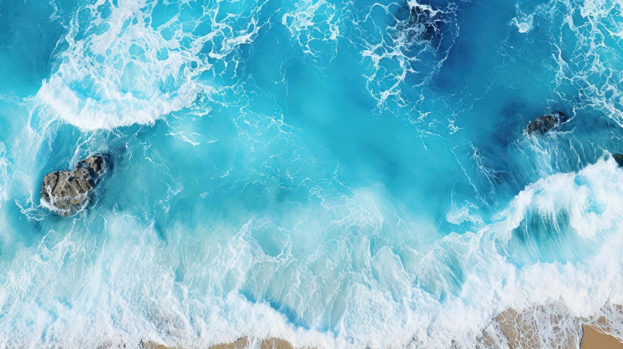 aerial view, turquoise ocean waves, dark rocks, Full HD Desktop Wallpaper