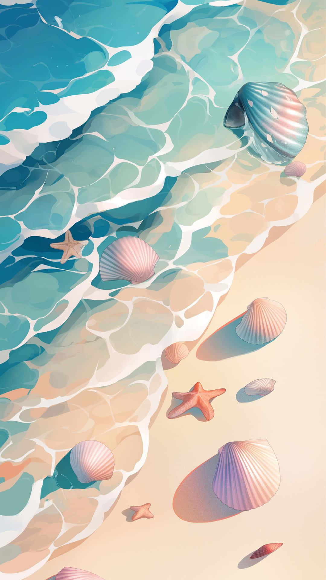 turquoise waves, sandy shore, pink shells, Full HD Phone Wallpaper