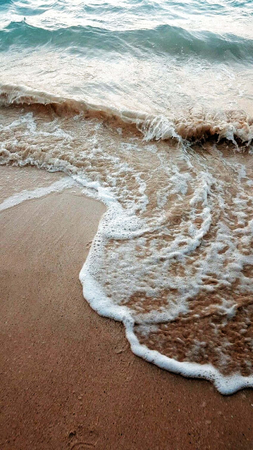 vintage beach waves sand, foamy turquoise waves, wet golden sand beach, HD Phone Wallpaper