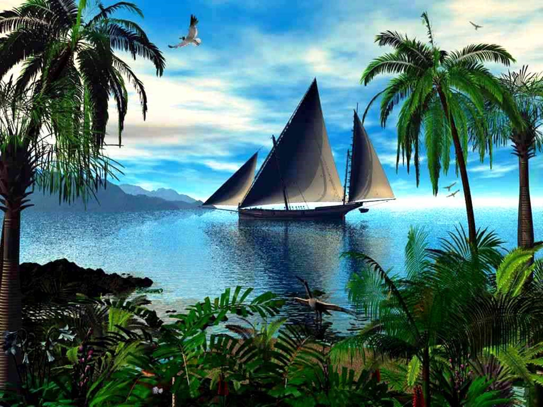 gray sailboat, 3d animation, turquoise waters, HD Desktop Wallpaper