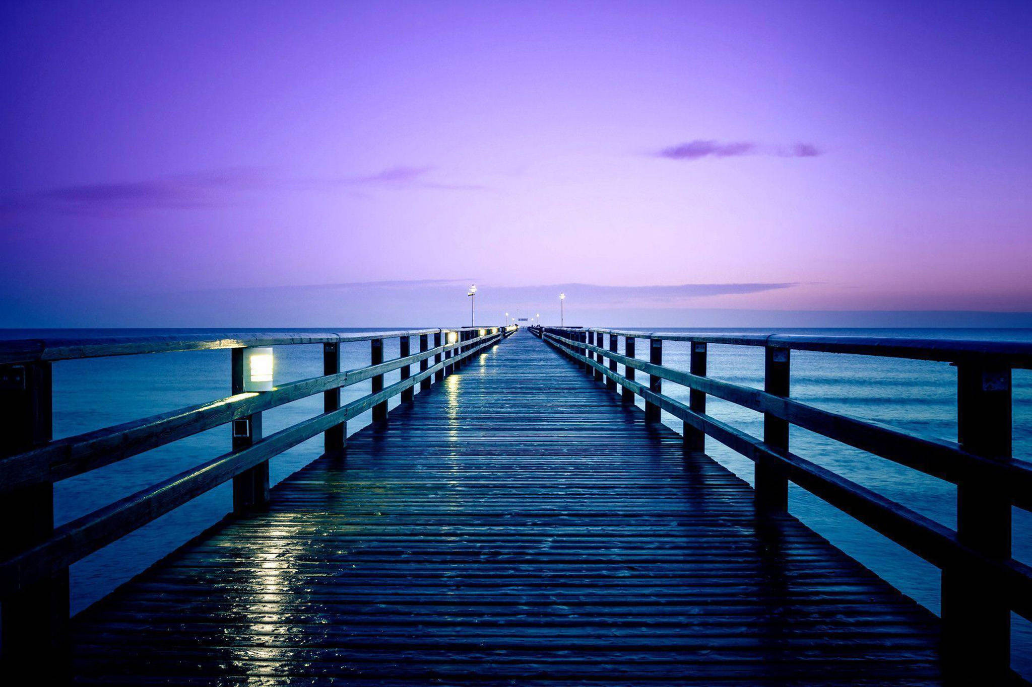 purple sunset, ocean view, long wooden pier, Full HD Desktop Wallpaper