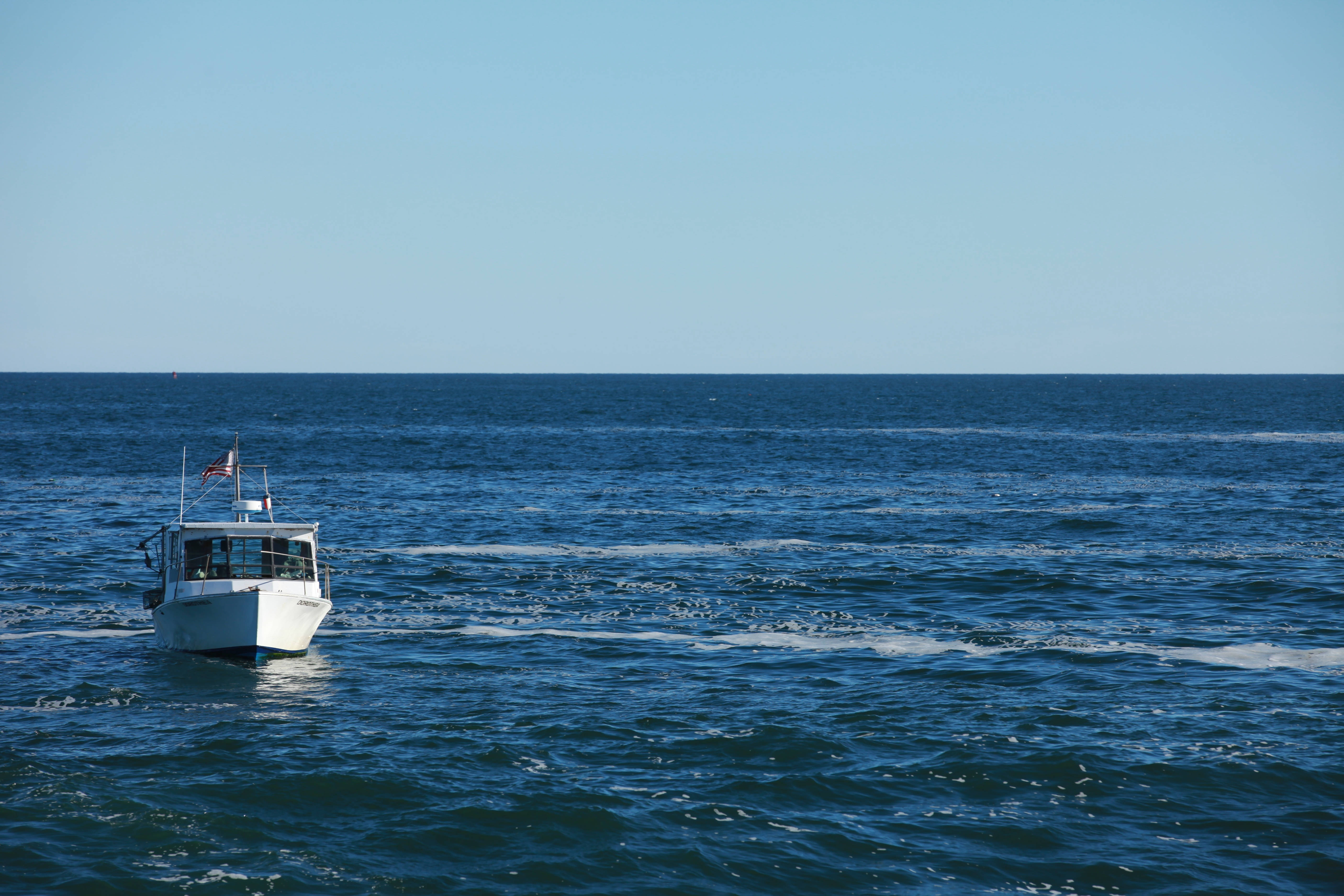 ocean, sailboat, white fishing boat, 5K Desktop Wallpaper