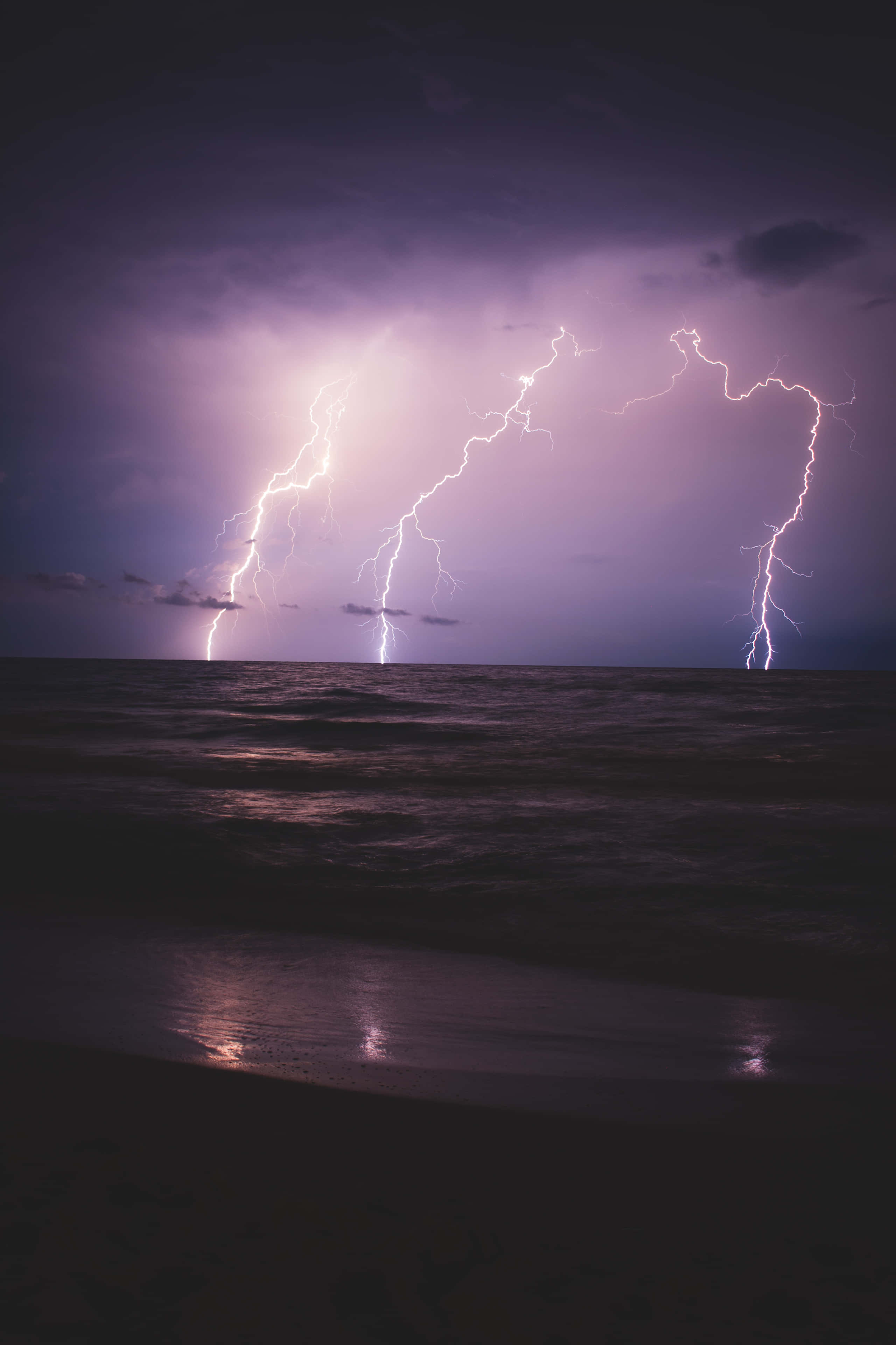 Purple Lightning, stormy purple sky, dark ocean, 4K Phone Wallpaper