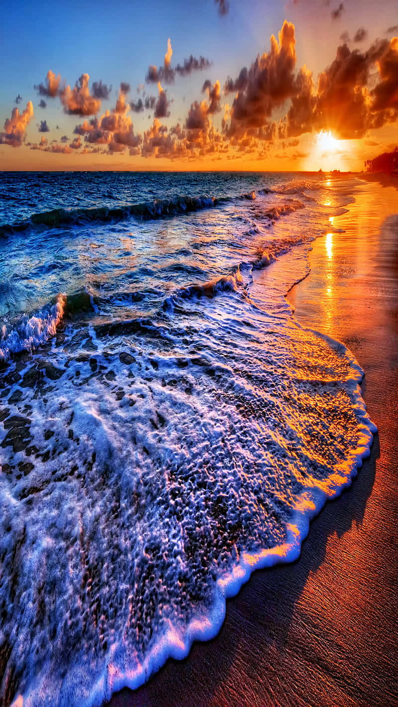 Sunset, ocean waves, wet sand, HD Phone Wallpaper