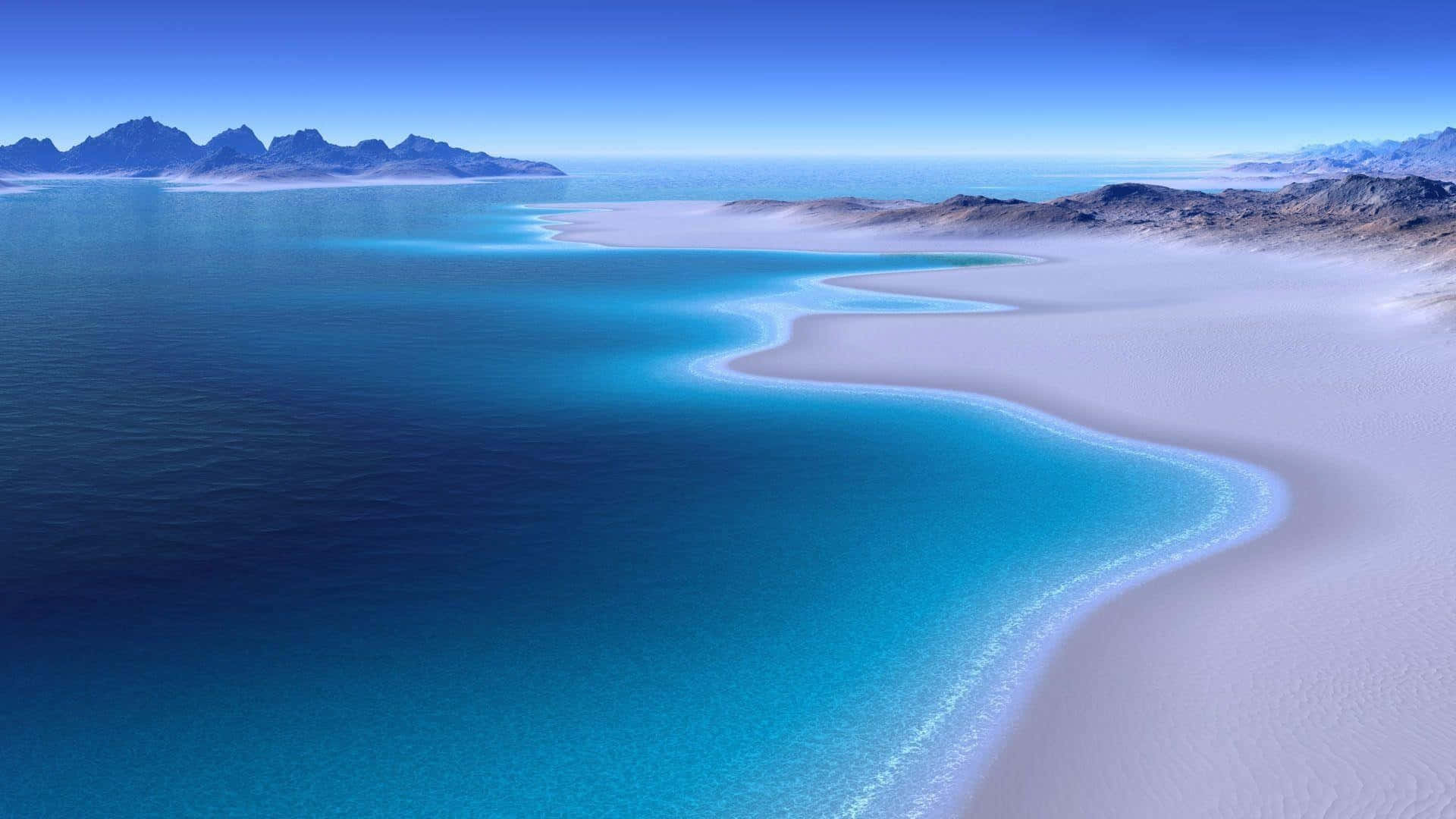 turquoise lagoon, white sandy shore, distant mountains, Full HD Desktop Wallpaper