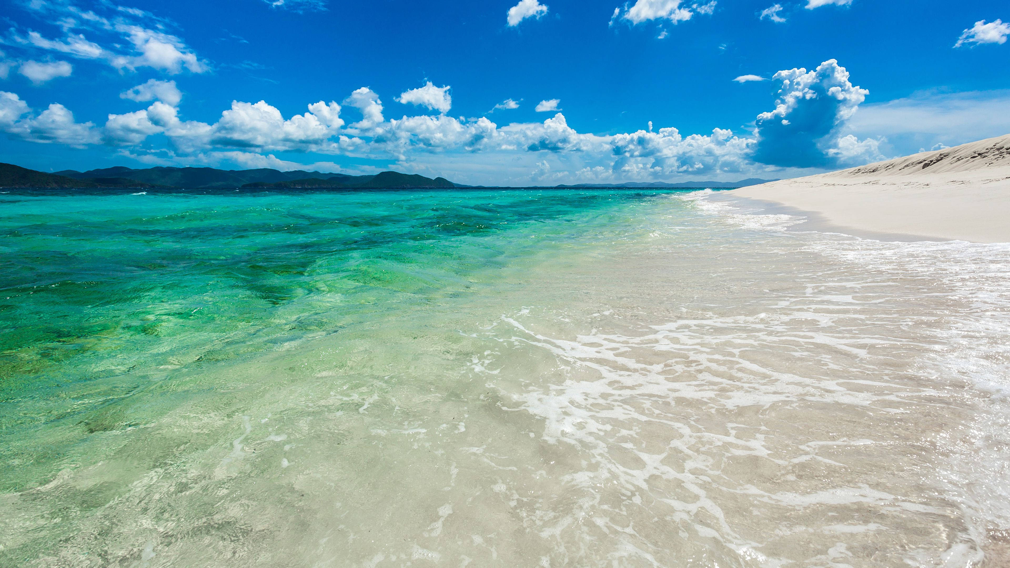 turquoise waters, white sandy beach, vibrant blue sky, 4K Desktop Wallpaper