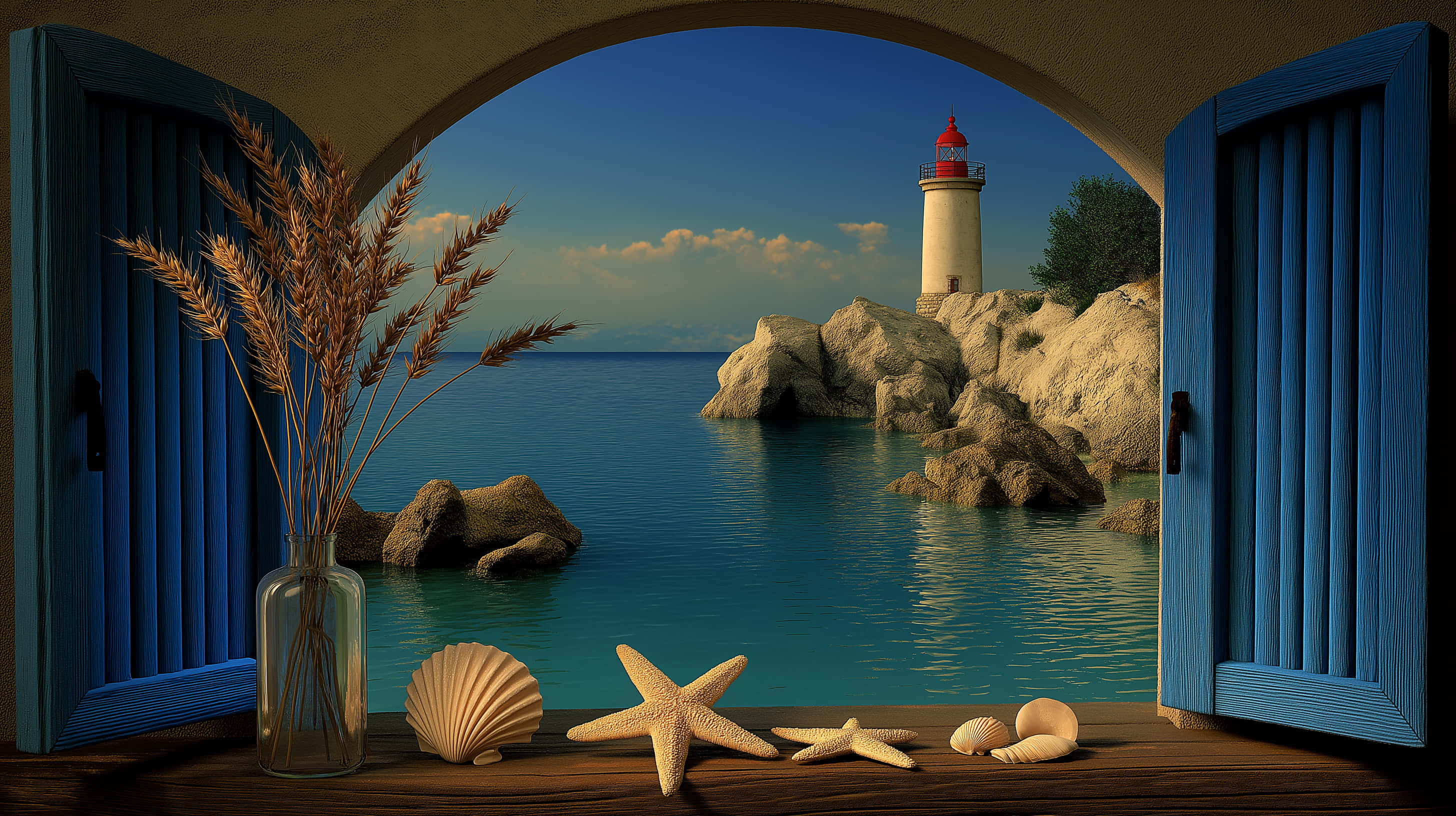 archway window, coastal lighthouse, calm turquoise sea, 2K Desktop Wallpaper