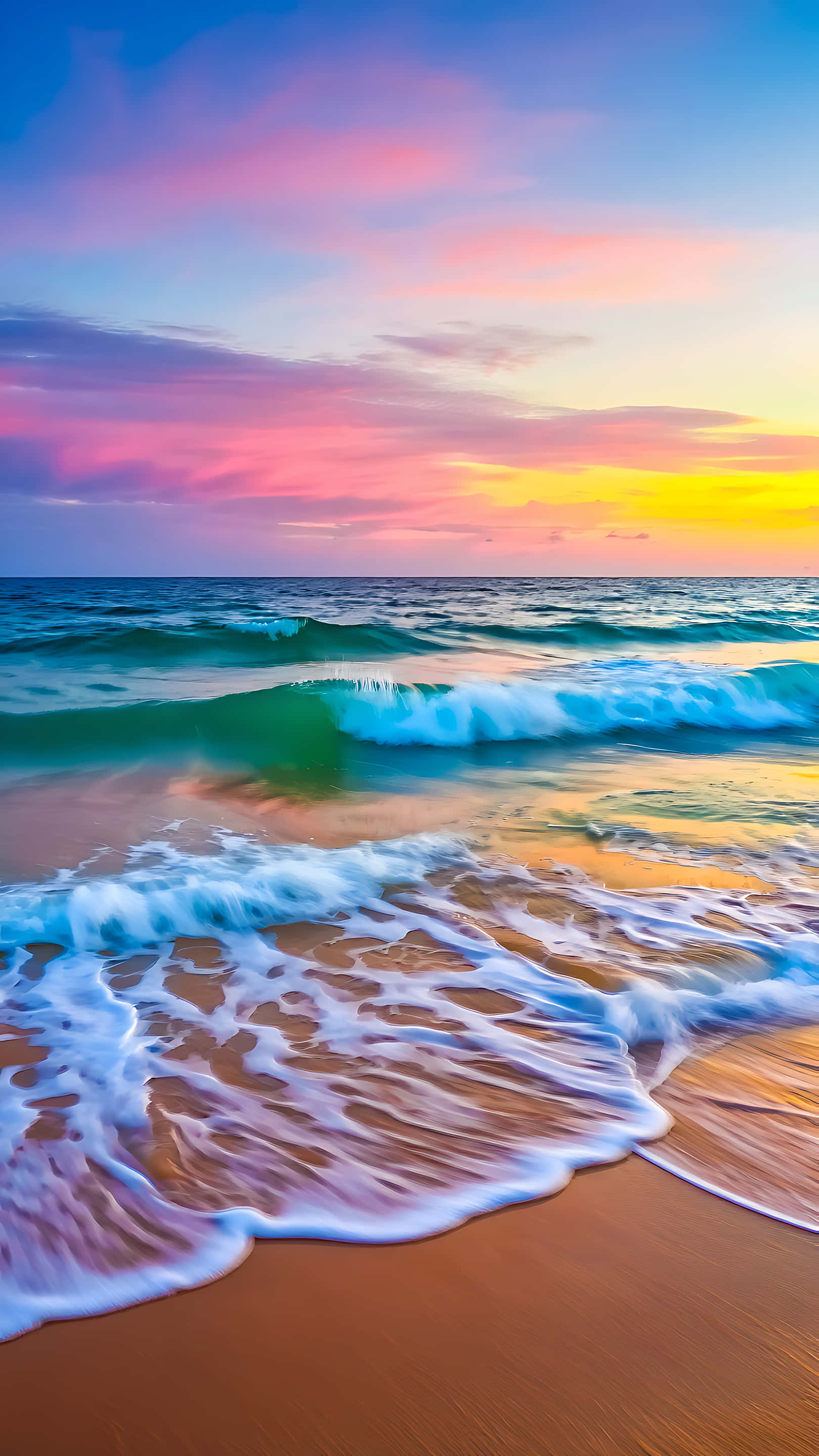 sunset, ocean waves, sandy beach, 2K Phone Wallpaper