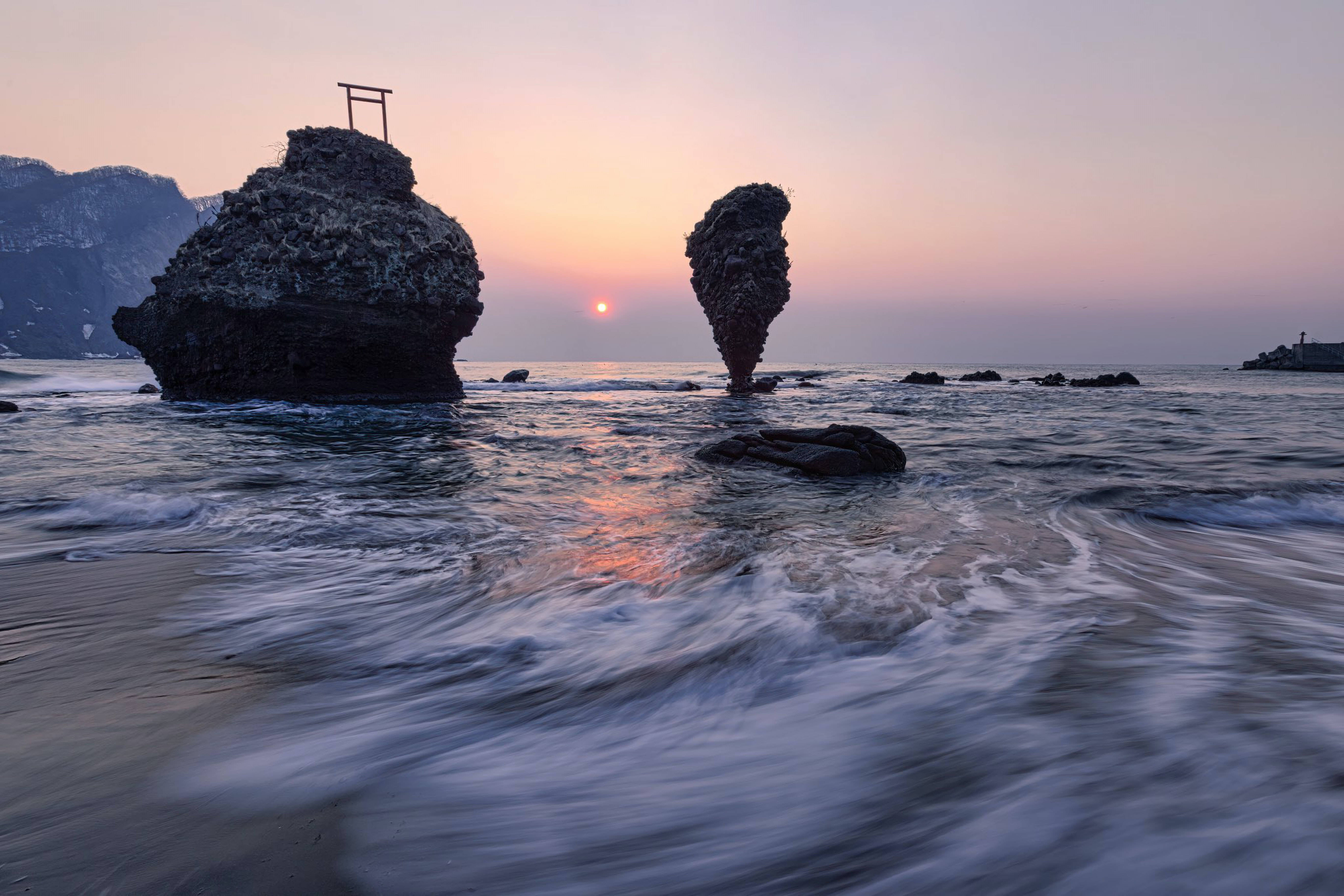 Ocean Rocks Landscapes, sunset, rocky beach, 5K Desktop Wallpaper