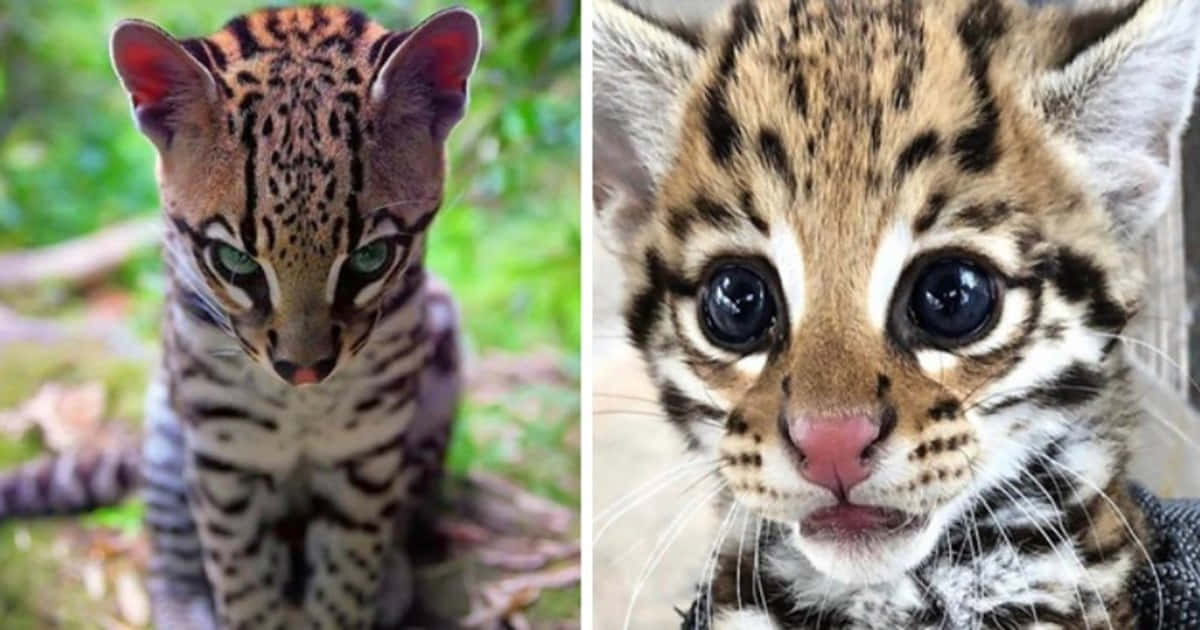 ocelot kittens, spotted wild cat cub, large green eyes, SD Desktop Wallpaper