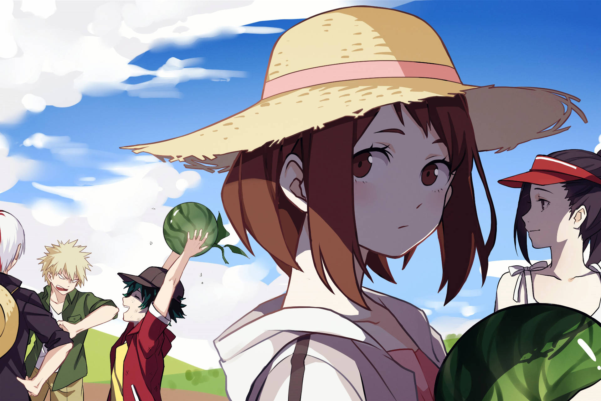 Ochaco Uraraka, sunny field, watermelons, Full HD Desktop Wallpaper