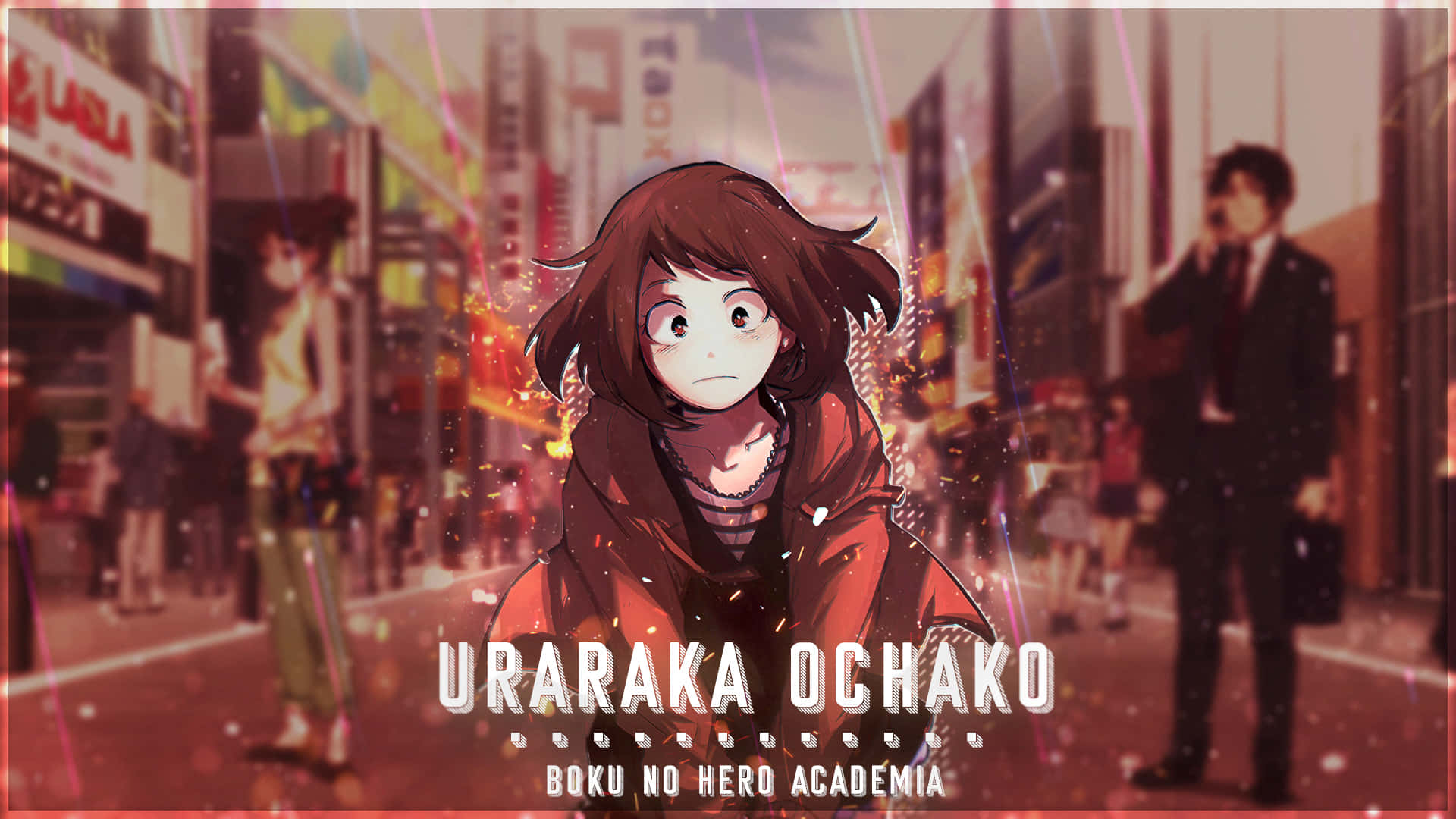 Ochaco Uraraka, neon-lit Tokyo street, red hoodie, Full HD Desktop Wallpaper