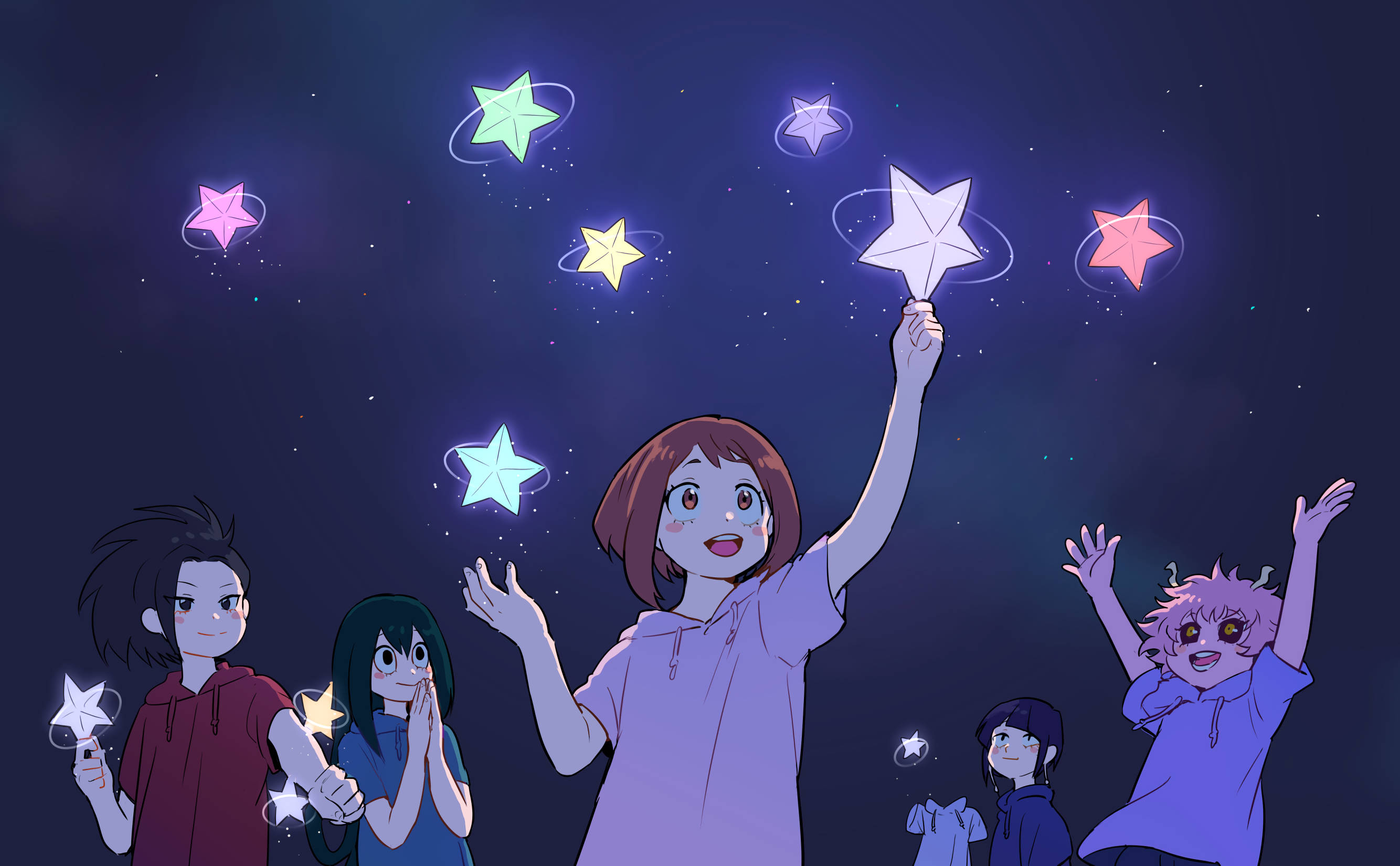 Ochaco Uraraka, glowing stars, cosmic sky, 2K Desktop Wallpaper