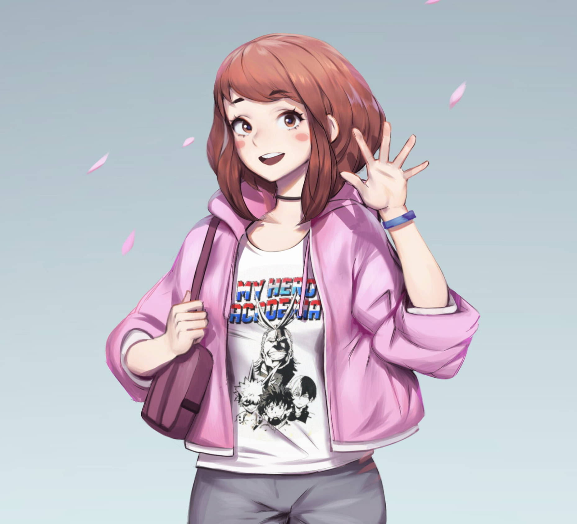 Ochaco Uraraka, brown hair, pink cherry blossoms, HD Desktop Wallpaper