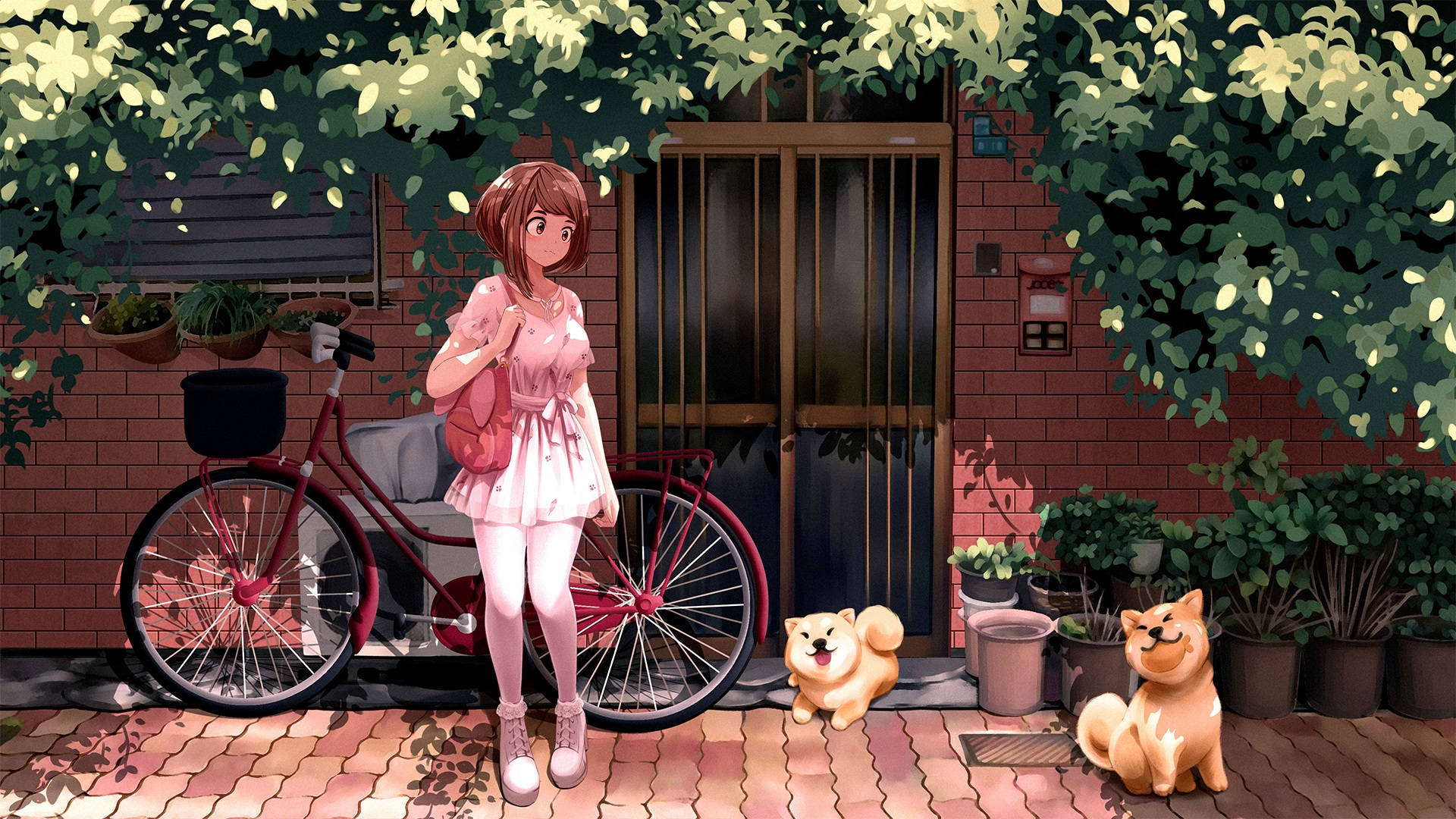 Ochaco Uraraka, pink dress, red bicycle, Full HD Desktop Wallpaper