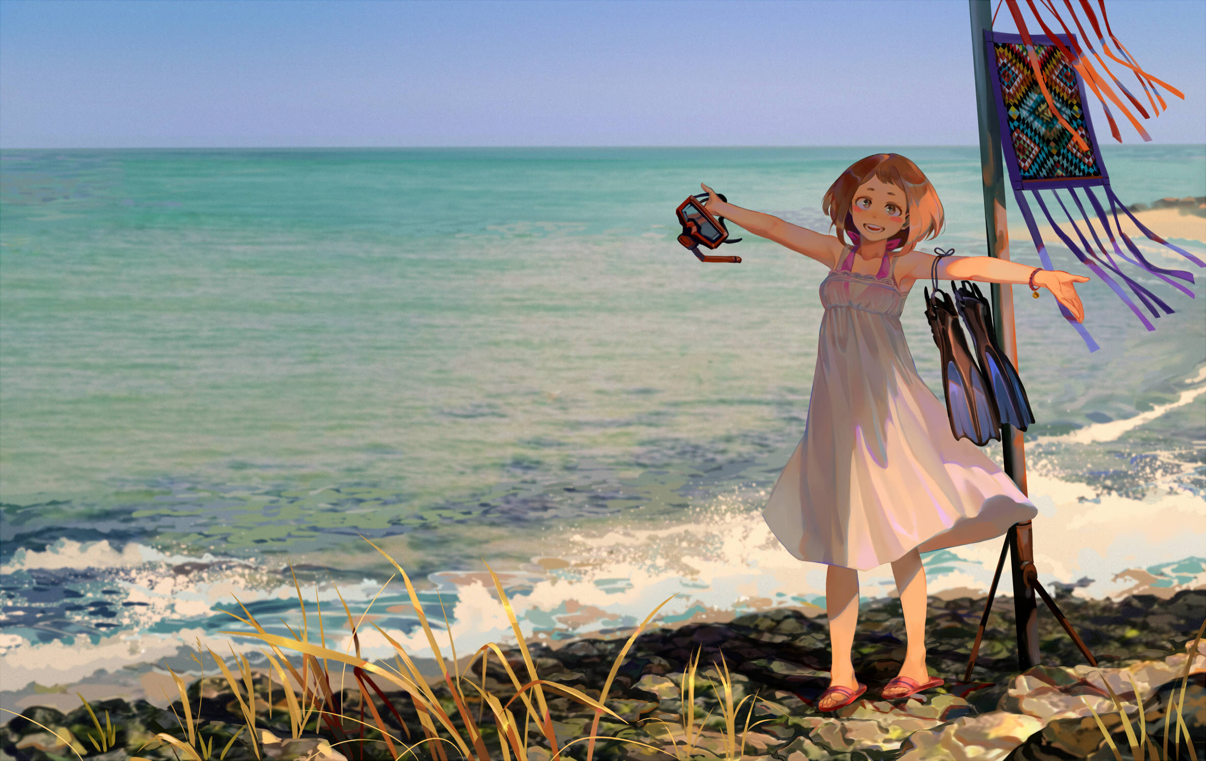 Ochaco Uraraka, white dress, rocky beach, Full HD Desktop Wallpaper