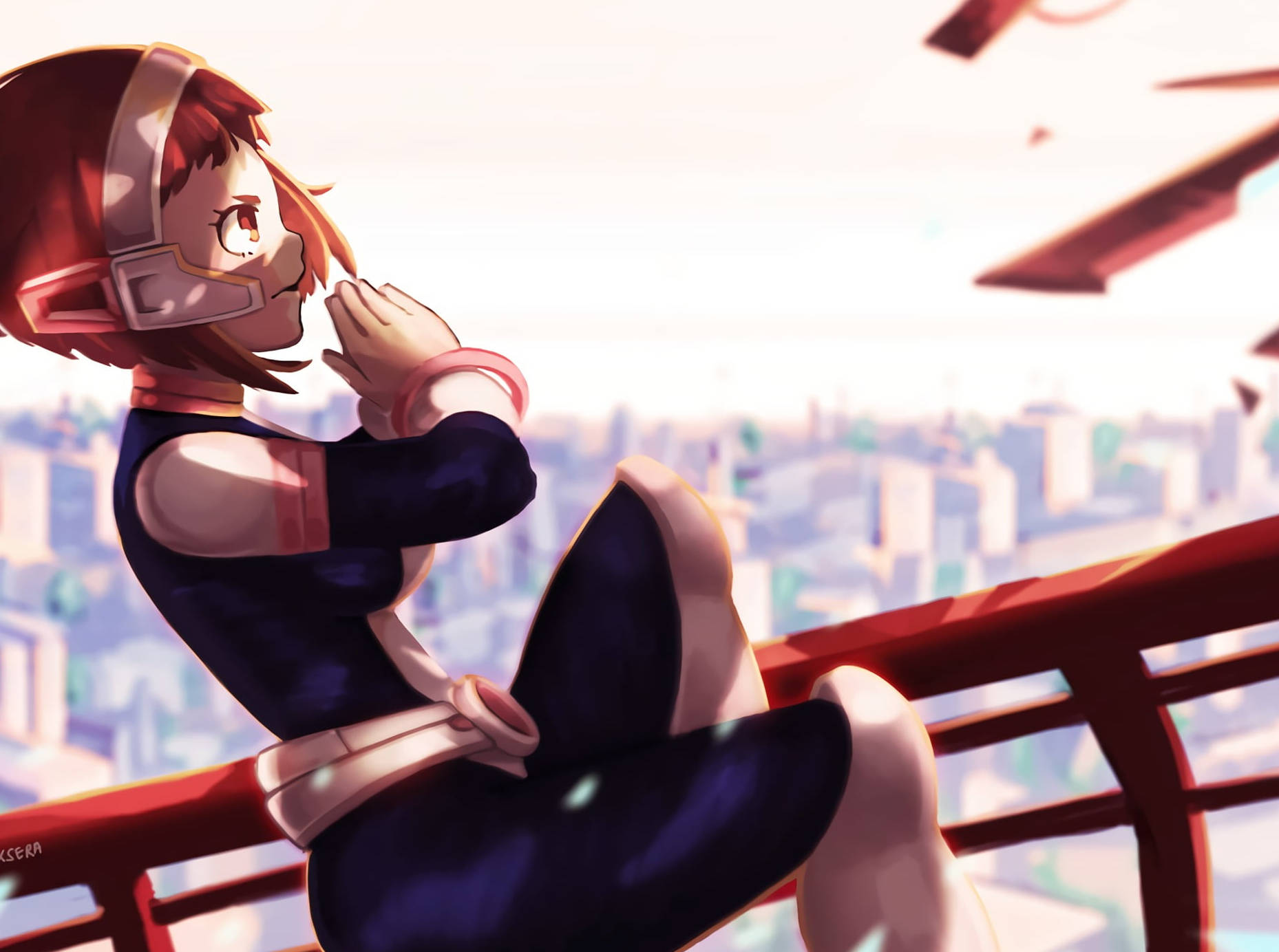 Ochaco Uraraka, hero costume, red railing, HD Desktop Wallpaper
