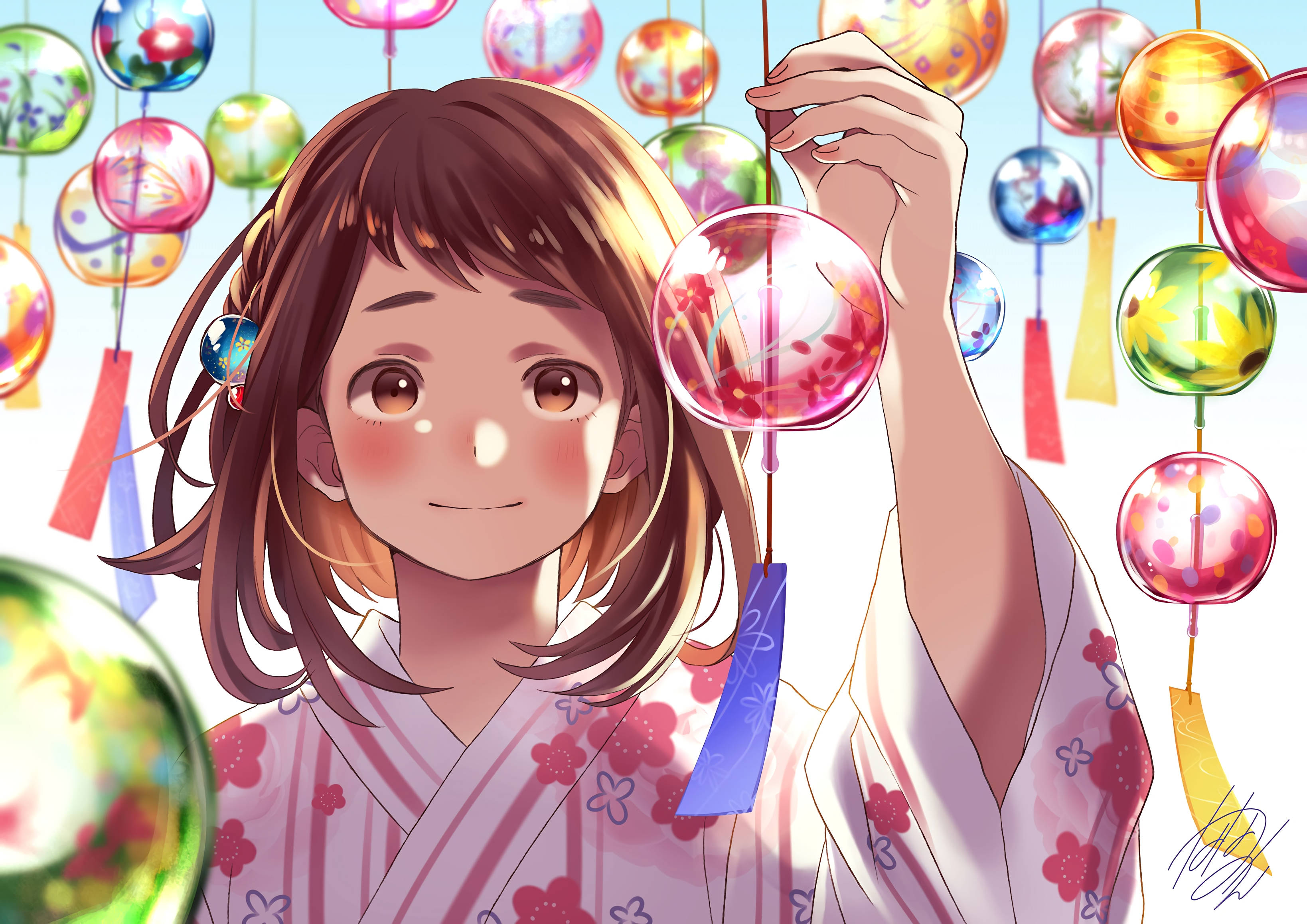 Ochaco Uraraka, floral kimono, glowing paper lantern, 2K Desktop Wallpaper