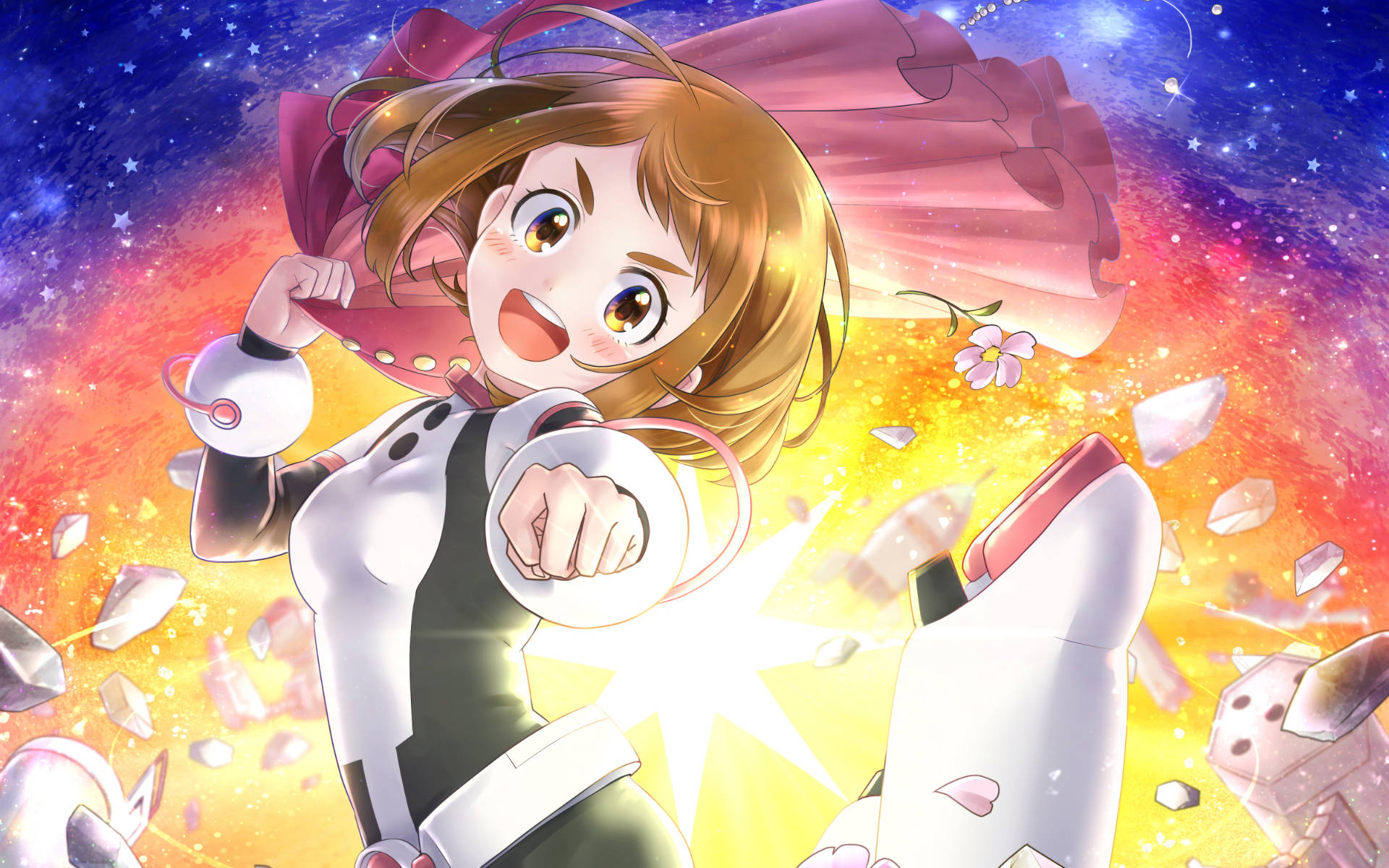Ochaco Uraraka, white and black outfit, cosmic background, Full HD Desktop Wallpaper